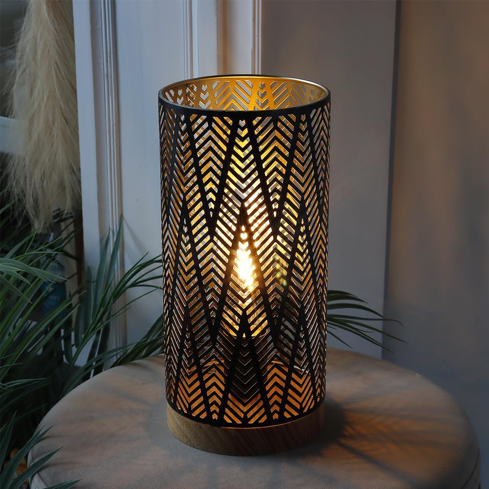 JHY DESIGN Metal Lamp Battery Powered 11''H Accent Cordless Decor Battery Lamp with 6-Hours Timer for Weddings Party Patio Garden Indoor Outdoor Table Balcony Christmas Decorations (with Wooden Base)