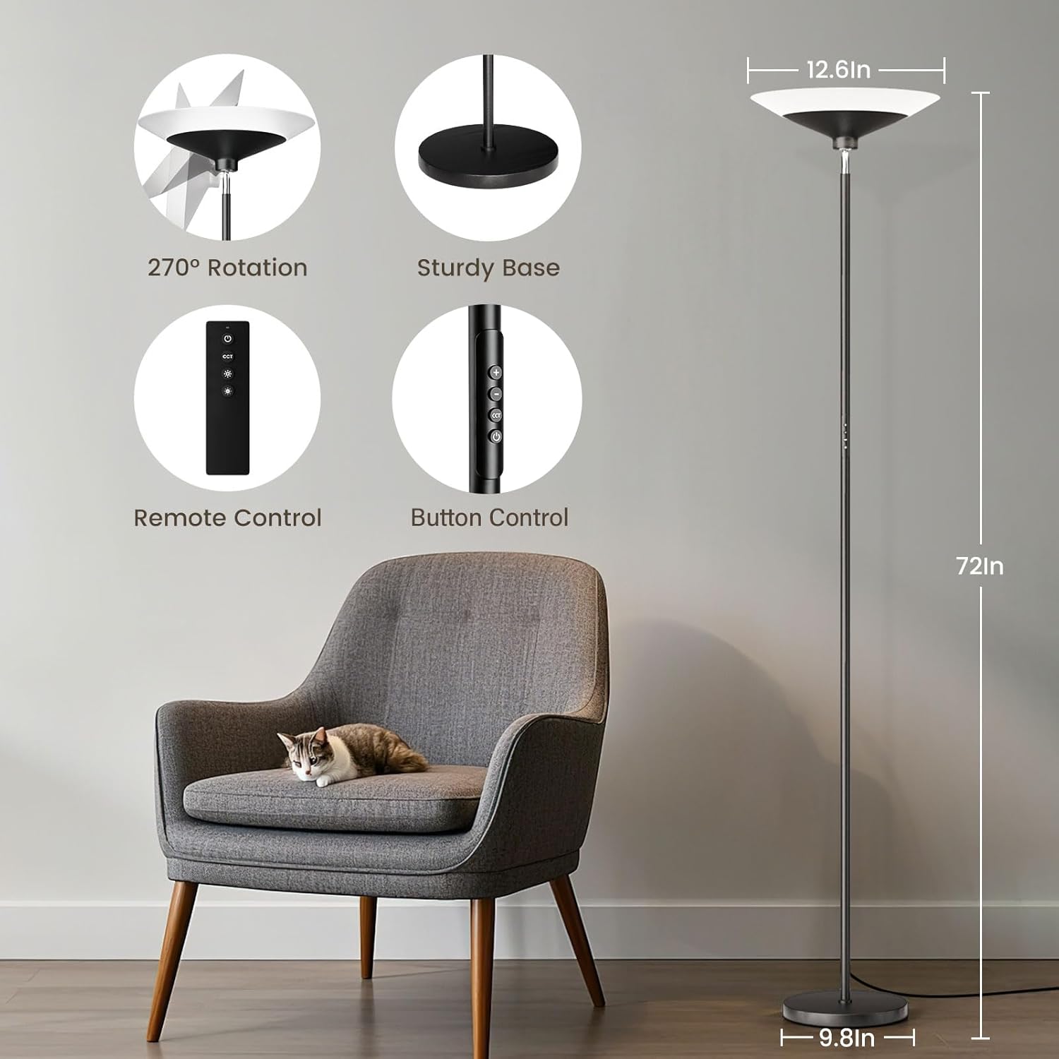 SIBRILLE Torchiere Floor Lamp - 72" Tall LED Standing Lamp with Remote/Button Control, 1800Lm, 3000-6500K, 30W Dimmable Modern Corner Floor Light for Living Room Bedroom Office Apartment, Black