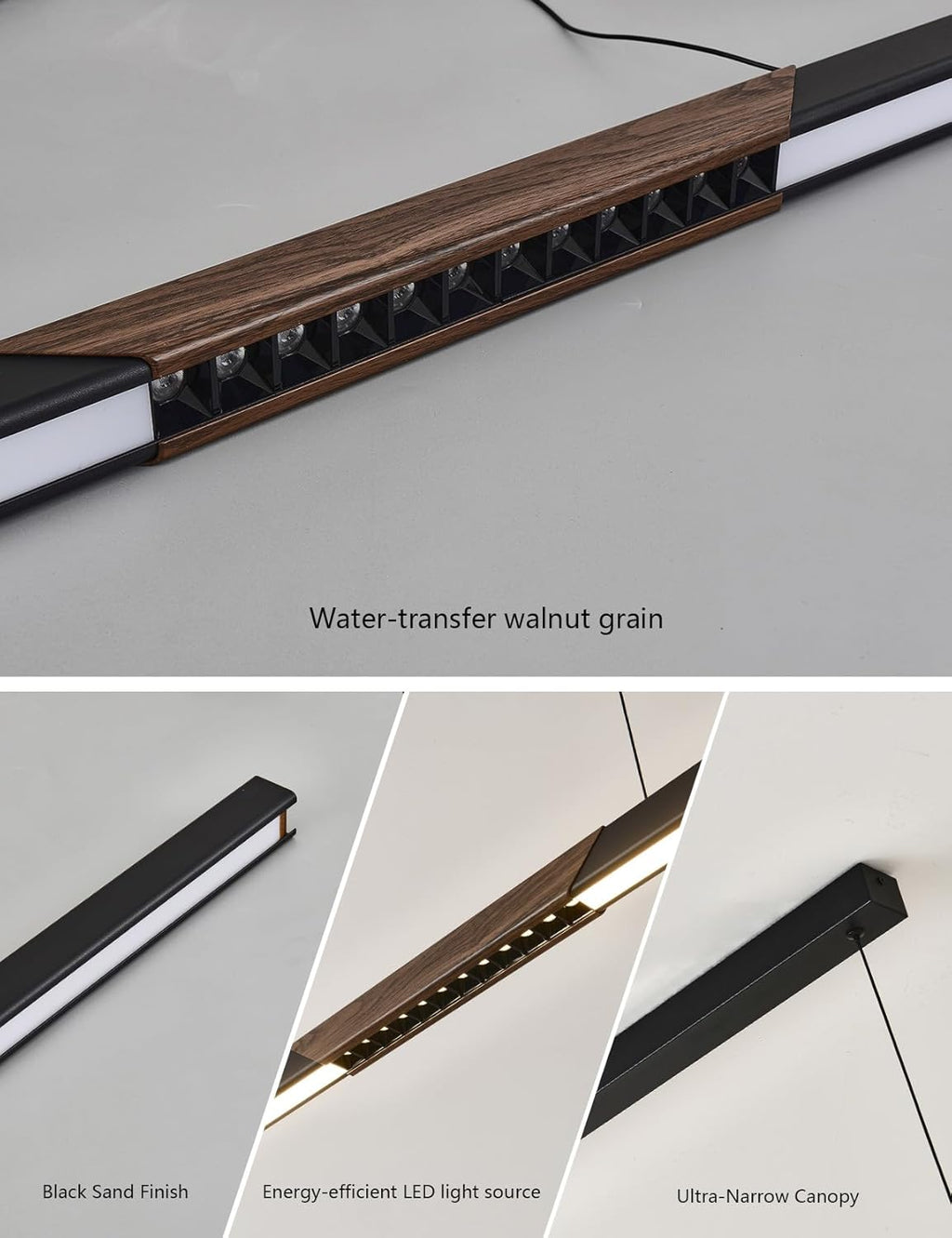 94″ Black Linear Pendant Light - Dimmable High Output LED, Modern Black Finish with Walnut Wood Grain Accent, 8ft Length Perfect for Pool Table, Dining Room, Conference Room