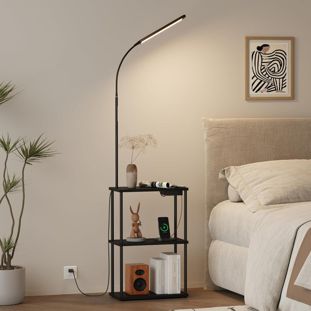 LED Floor Lamp with Table, 15W Bright Reading floor lamp with Remote & Touch Control, Narrow Side Table with USB Charging Station and AC Port, End Table for Bedroom, Living Room and Home Office, Black