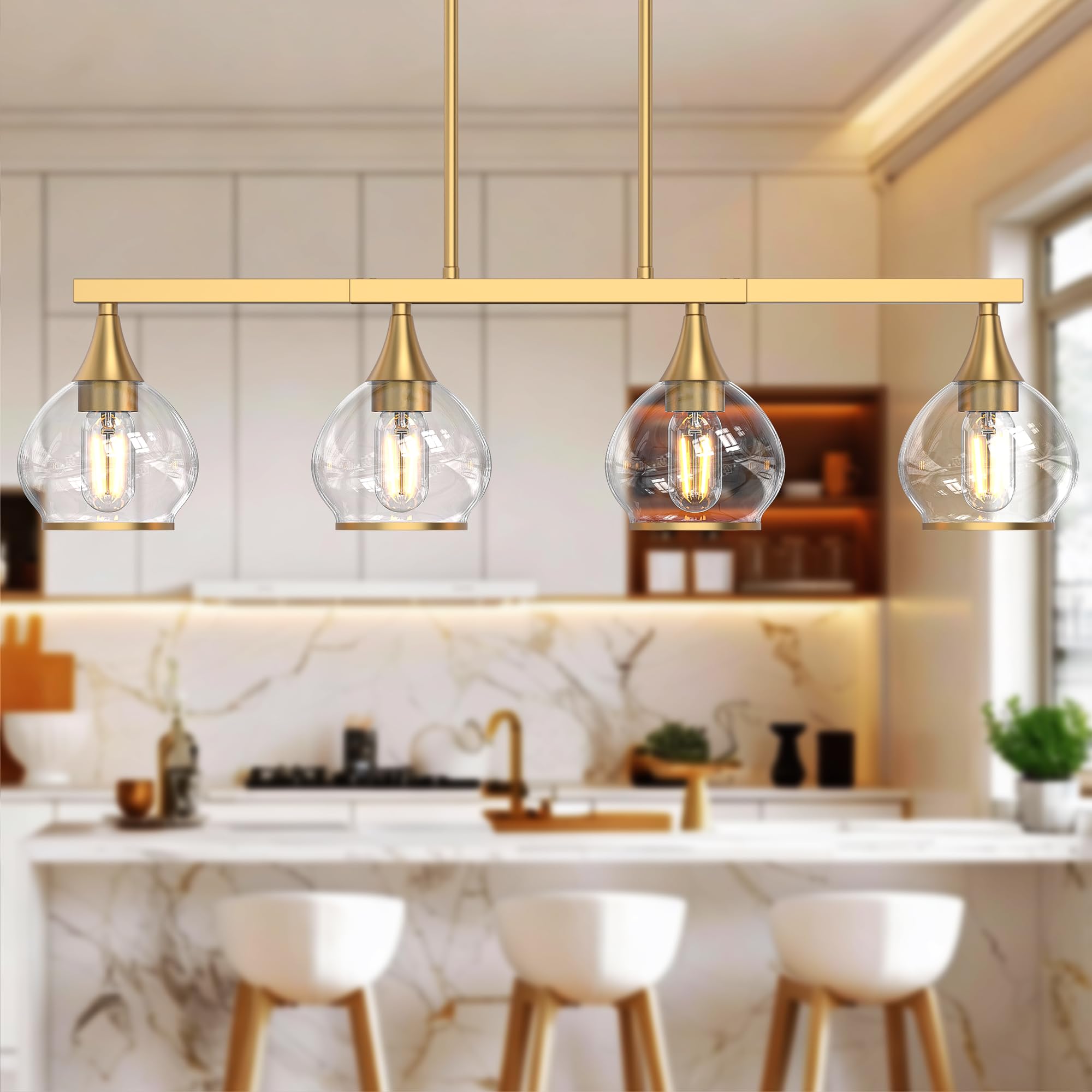 Kitchen Island Linear Pendant Light, 3-Light Gold Dining Room Chandelier with Clear Glass Globe Shades, Modern Linear Lighting Fixture Over Table