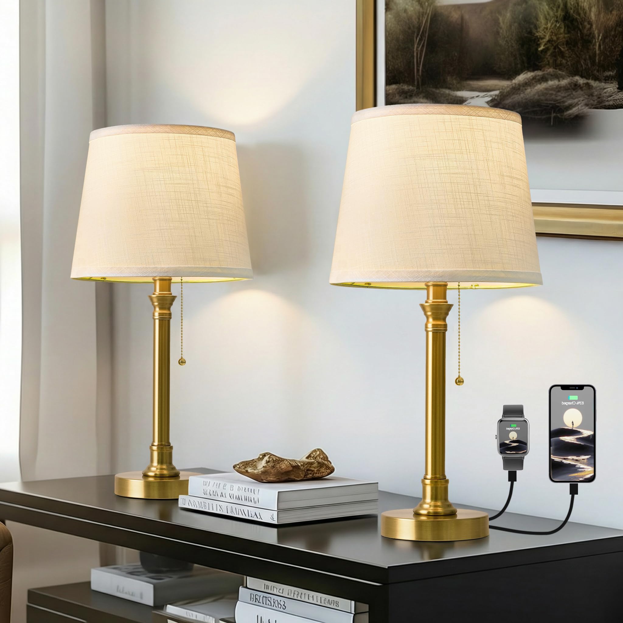 Oneach 19.5” Warm Gold Table Lamps Set of 2, Pull Chain Switch Bedside Table Lamps, Modern Nightstand Lamp with Linen Shade, Small Desk Lamp for Living Room, Bedroom, Home Office, Nursery