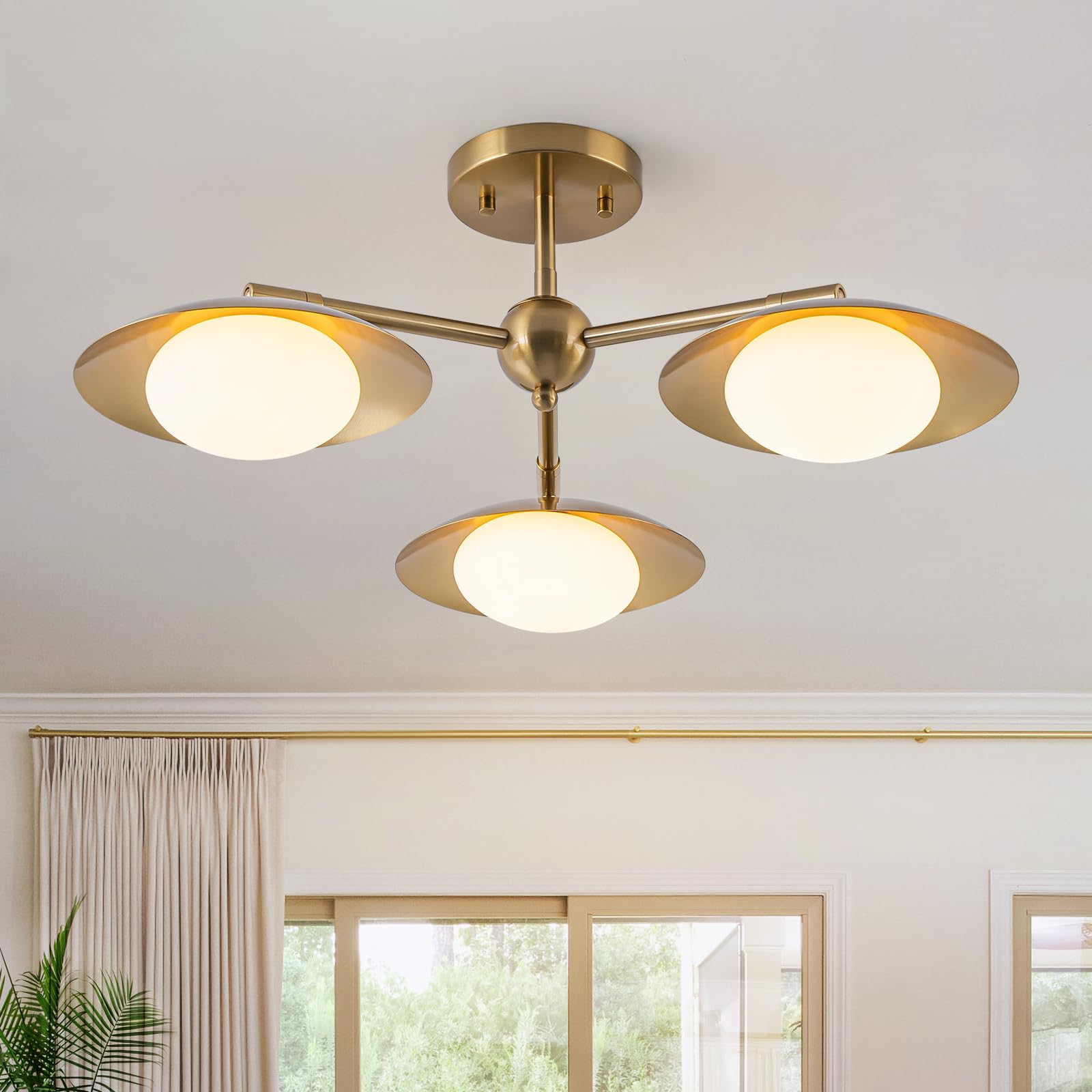 Brushed Gold 4-Light Linear Chandelier, Milk Glass Globe Dining Room Light