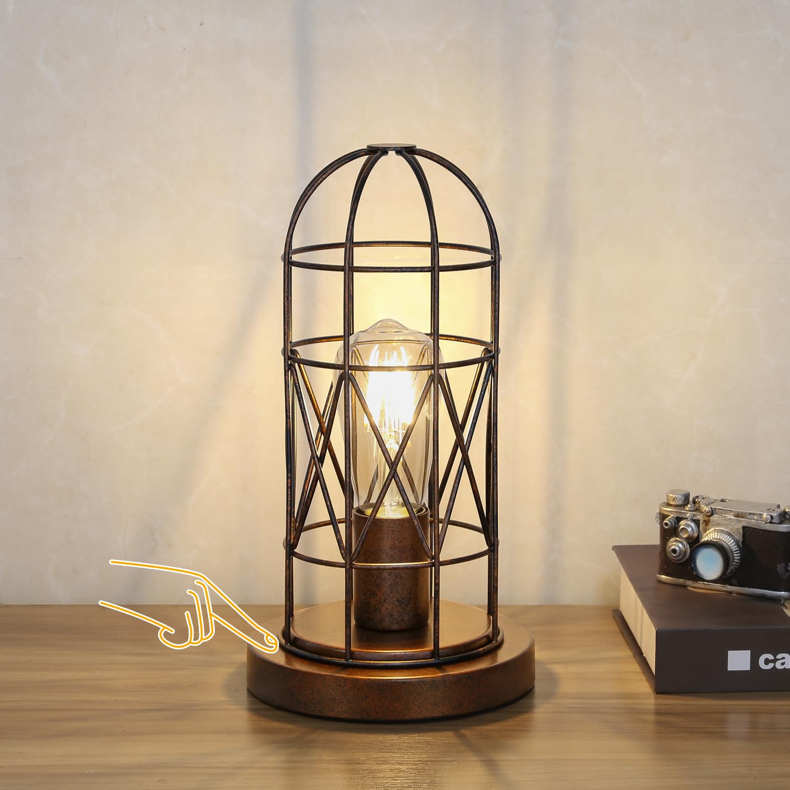Industrial Table Lamp, Small Touch Lamp with Rustic Cage Vintage Bedside Lamp 3 Way Dimmable Nightstand Lamp Edison Desk Lamp for Bedroom, Living Room, Hallway, Entryway, Kitchen, 4W LED Bulb Included