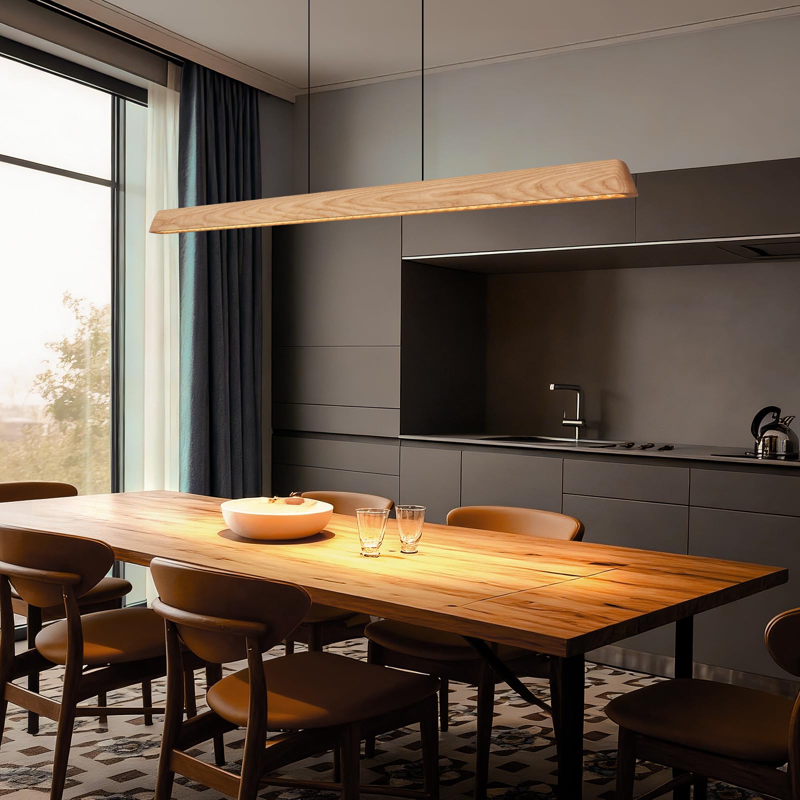 57" Wood Linear Pendant Light, Dimmable Kitchen Island Lighting with Remote, 30W LED Island Lights for Kitchen, Adjustable Linear Chandelier for Dinning Room Light Fixture, Bar, Pool Table Light