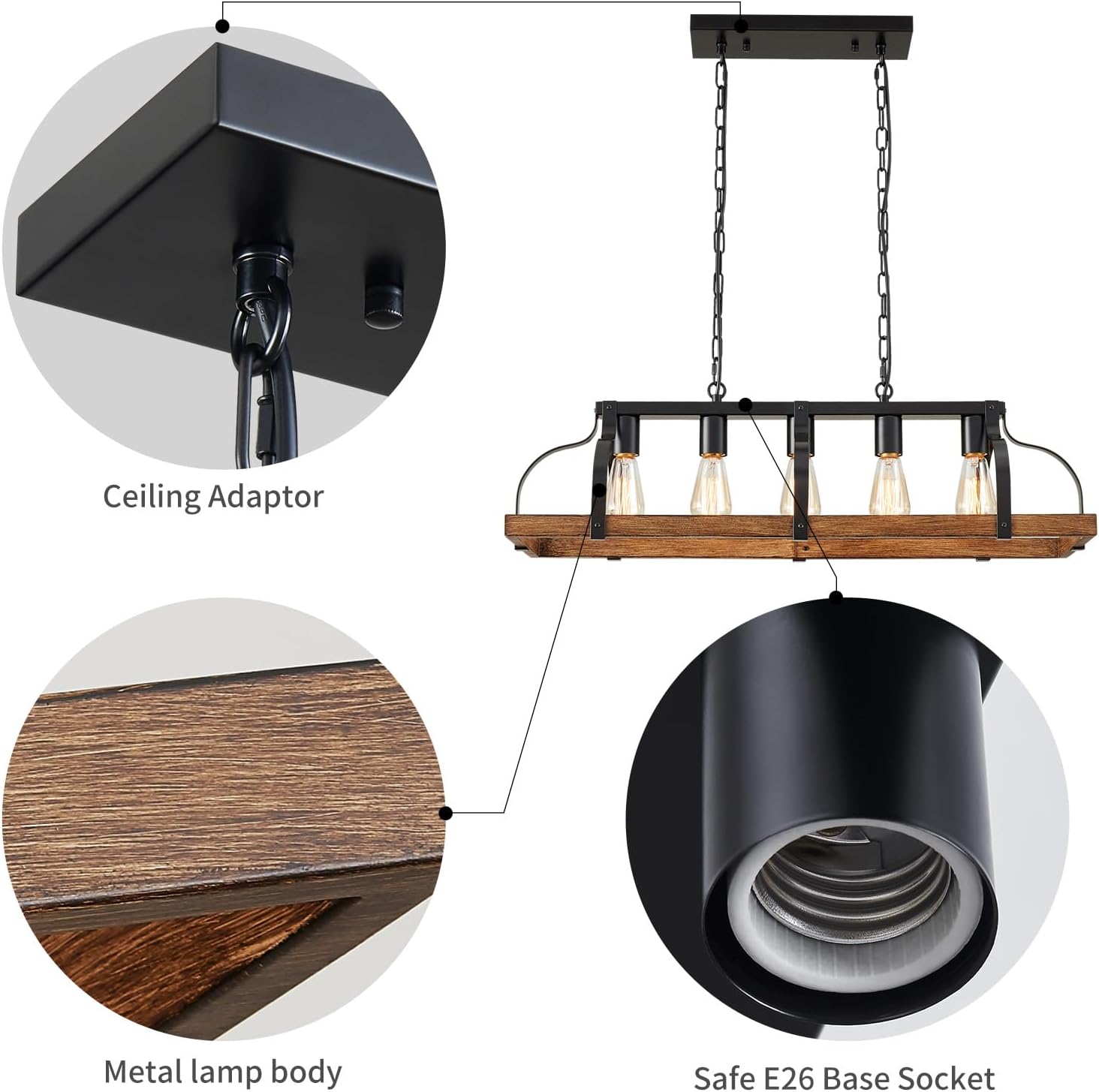 WUZUPS 5-Light Metal Chandelier Imitation Wood Grain Linear Pendant Ceiling Lighting Rustic Farmhouse Fixture Kitchen Island Dining Room, H 8.5" L 31.5" W10, E26 Base, Black & Retro Wood
