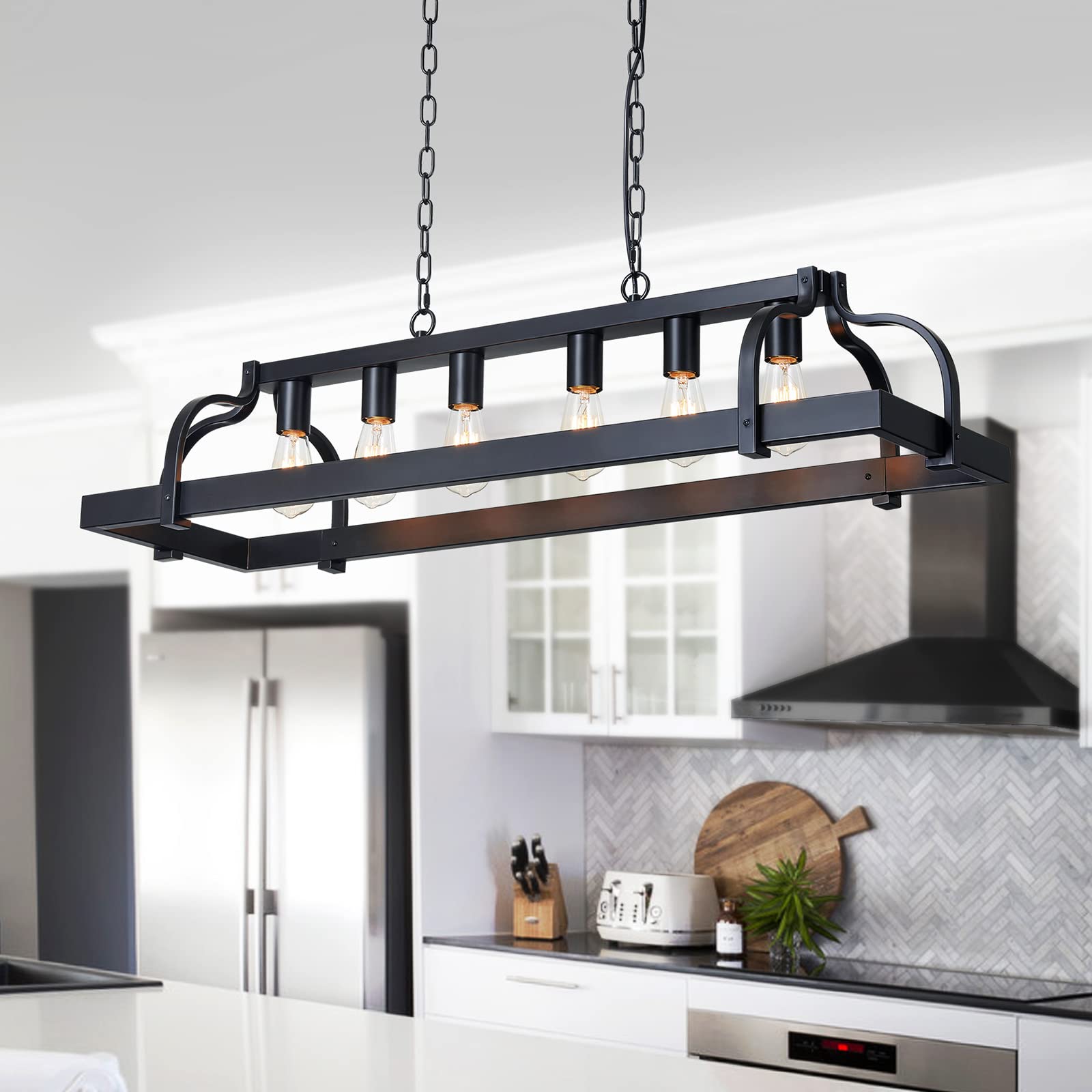 WUZUPS 5-Light Metal Chandelier Imitation Wood Grain Linear Pendant Ceiling Lighting Rustic Farmhouse Fixture Kitchen Island Dining Room, H 8.5" L 31.5" W10, E26 Base, Black & Retro Wood