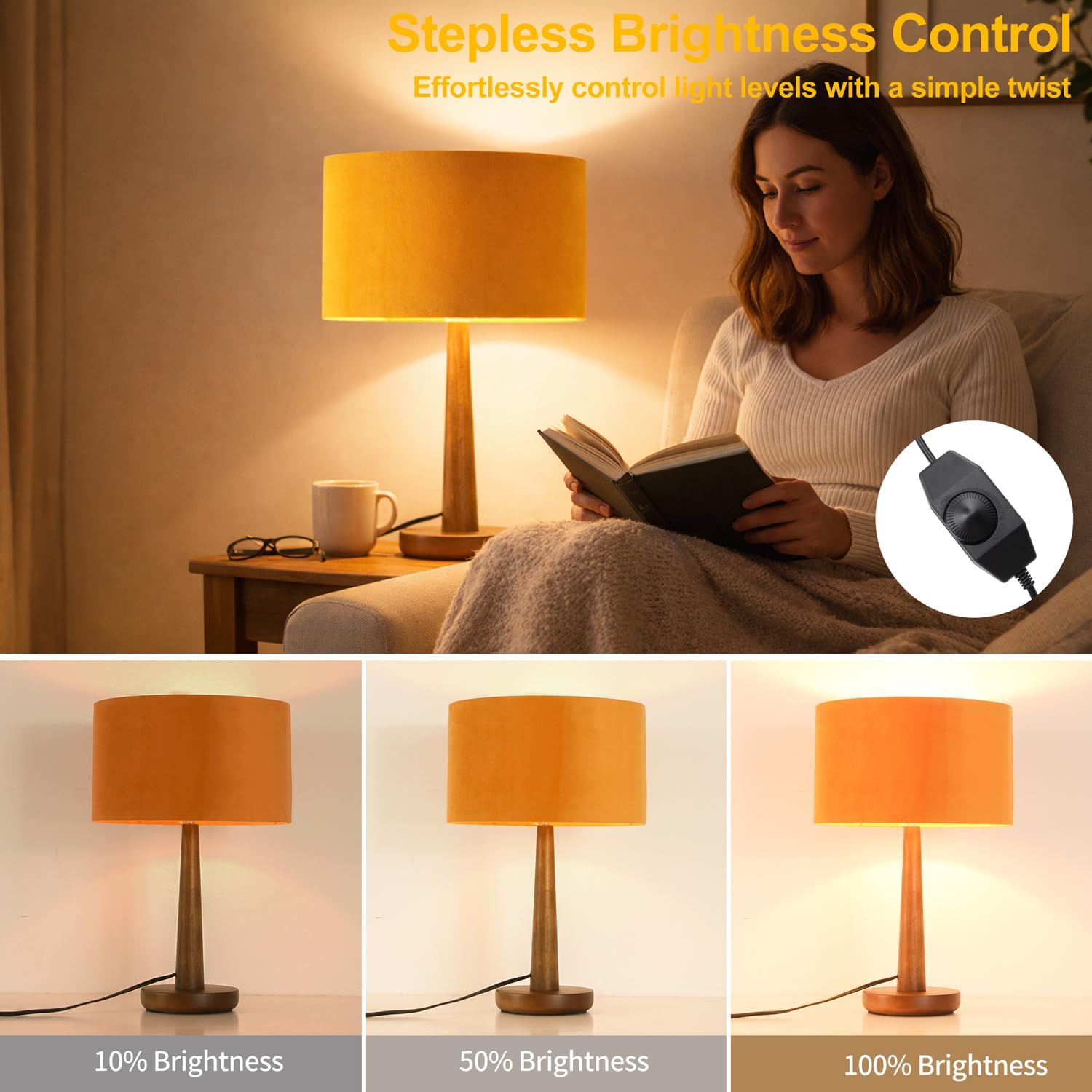 18.5" Table Lamp for Living Room, Modern Dimmable Walnut Wood Desk Lamps for Bedroom, UL Listed Nightstand Lamp, End Table Lamps for Console, Entryway, Office, Dorm, Home Decor, Orange Velvet Shade