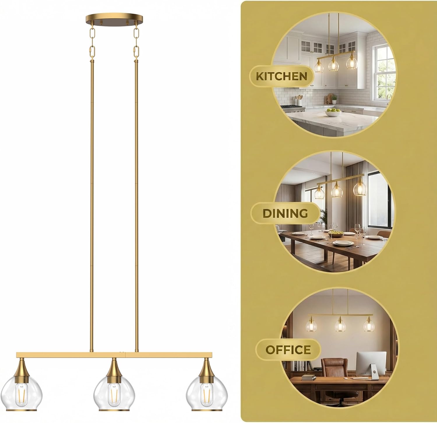 Kitchen Island Linear Pendant Light, 3-Light Gold Dining Room Chandelier with Clear Glass Globe Shades, Modern Linear Lighting Fixture Over Table