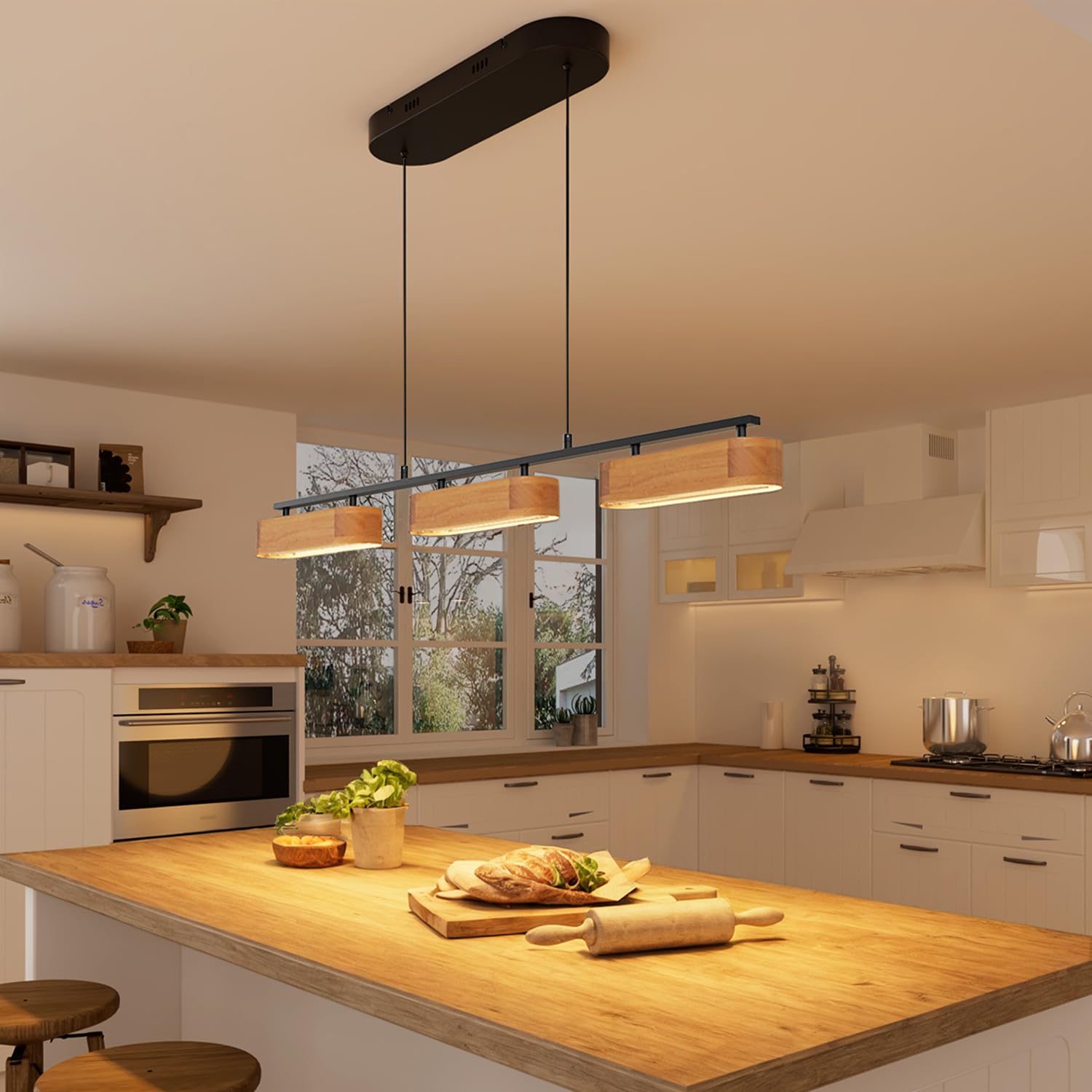 50.2" Kitchen Island Lights, 38W Wood Dining Room Light Fixtures Over Table, Dimmable Linear Pendant Lights for Kitchen Island, 4-Light Rustic Hanging Farmhouse Chandeliers, Walnut Color