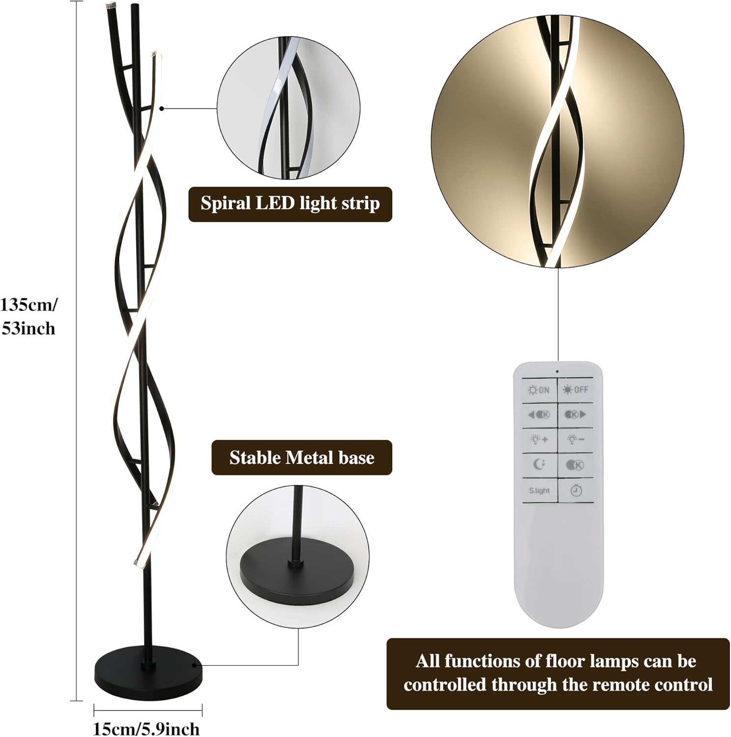 Modern Spiral Floor Lamp for Living Room, 30W Dimmable Led Corner Floor Lamp with Remote Control, 53 Inch Black Floor Lamps 3 Color Tall Corner Reading Lamp Standing Floor Lamps for Bedroom