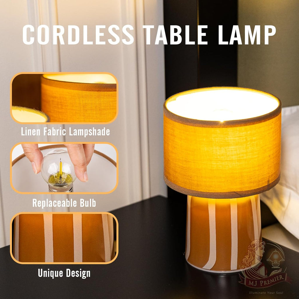 MJ PREMIER Battery Operated Lamp with Timer, Small Cordless Lamp with Glass Base, Fabric Shade Portable Table Lamp for Bedroom Living Room Bedside Home Decor (Brown)