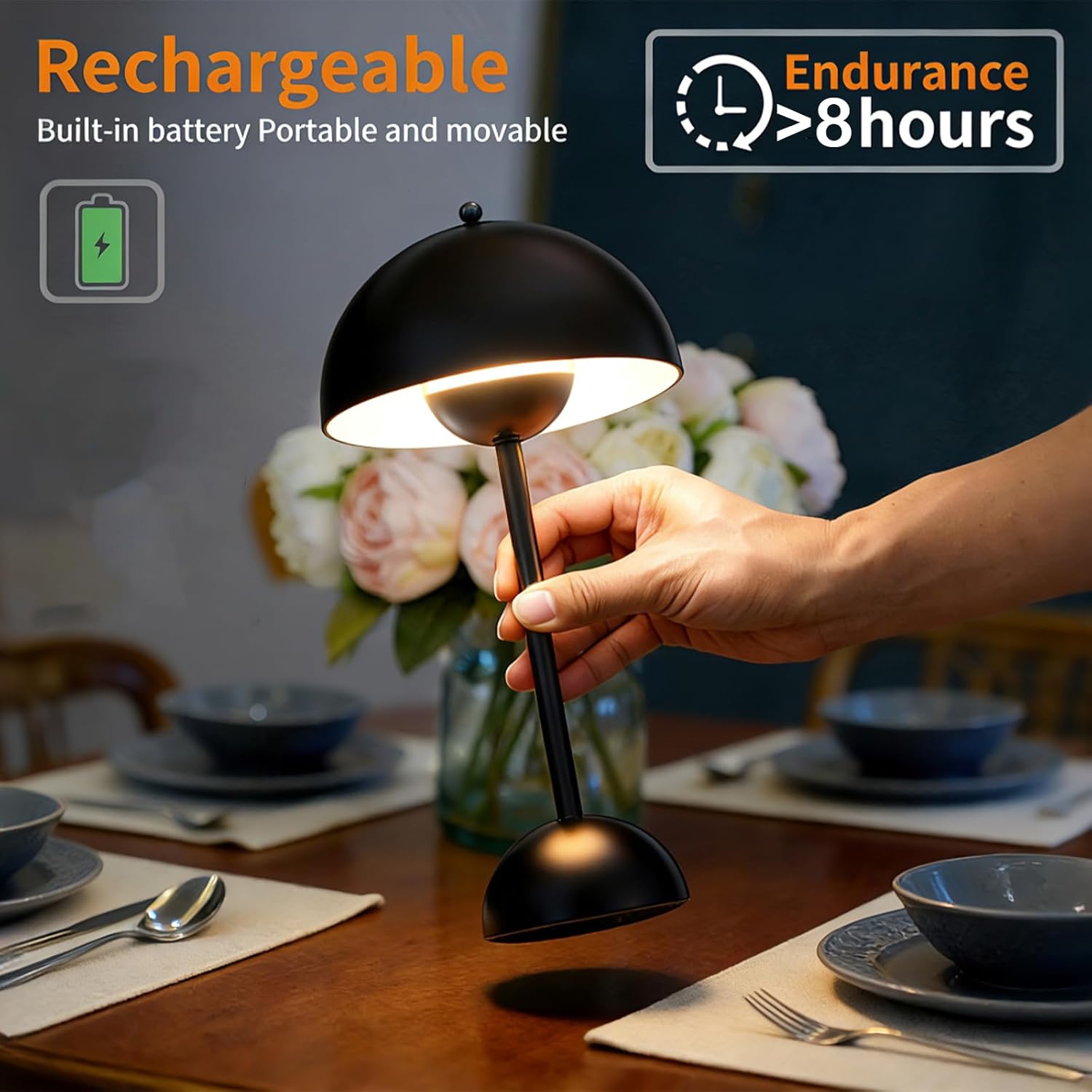 Dawnrise Rechargeable Table Lamp with 3 Color Temperatures, Cordless, Touch Desk Lamps for Living Room, Bedroom, Dining Table, Restaurant, Coffee Shop, Industrial Style (Black), 1 Pack