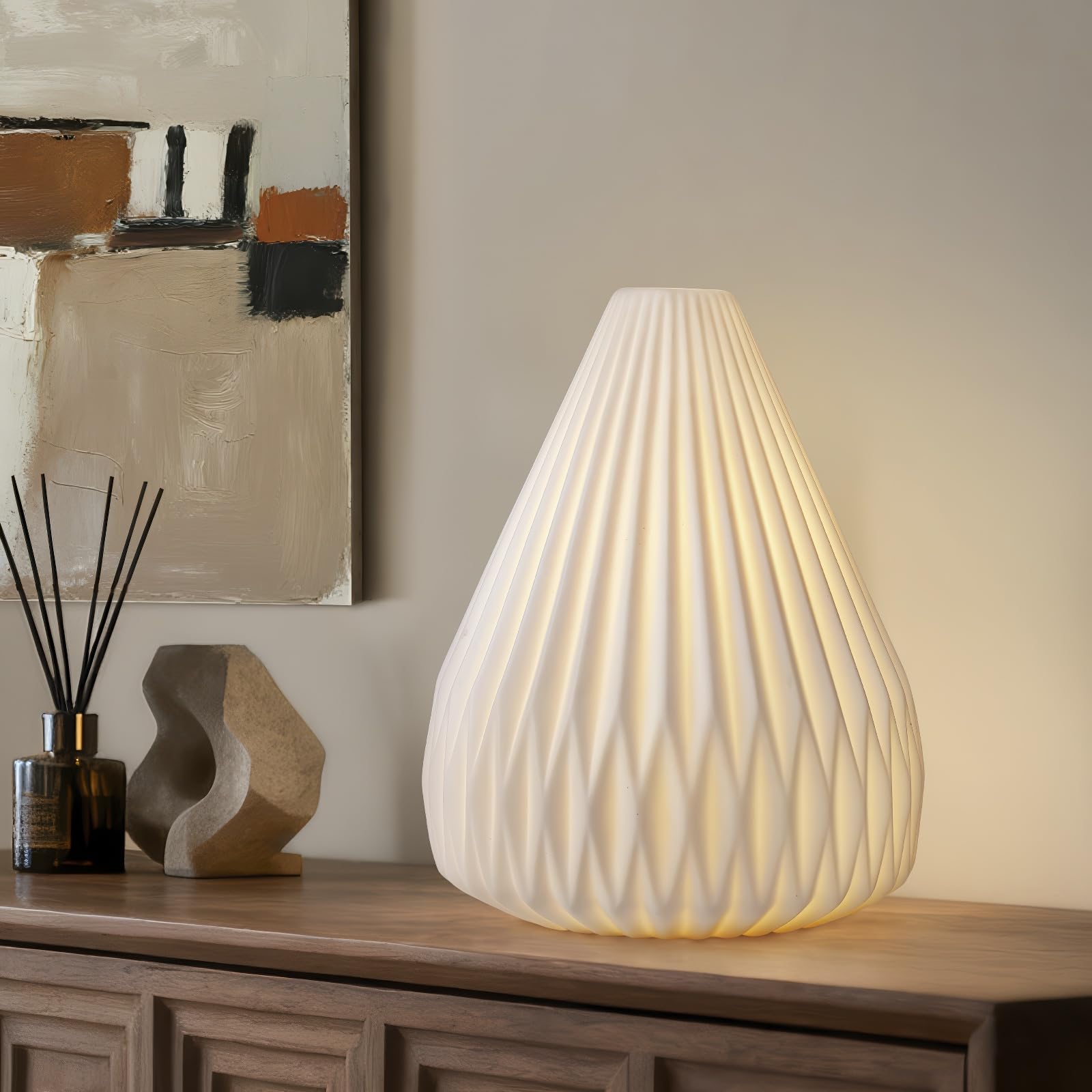 RONDURE 12.5" Modern Ceramic Table Lamp, Fully Dimmable Bedside Lamp for Bedroom Living Room Nightstand, White Translucent Ceramic Shade, Warm Ambient Decorative Corded Lighting, Bulb Included