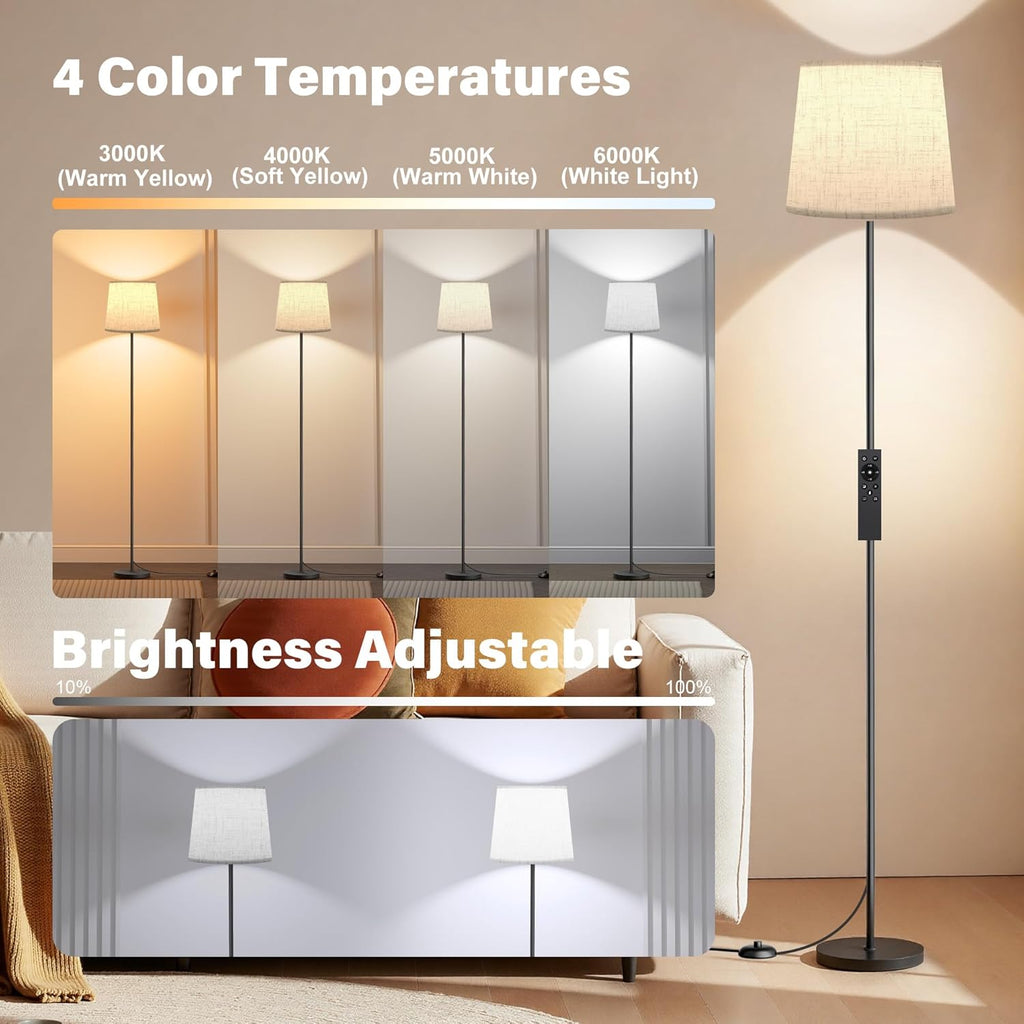SIBRILLE Floor Lamp with Linen Shade - 62" Dimmable LED Standing Lamp with Remote Control, 9W E26 Bulb Included, 3000-6000K, Modern Floor Reading Light for Bedroom Living Room Office Corner, Black