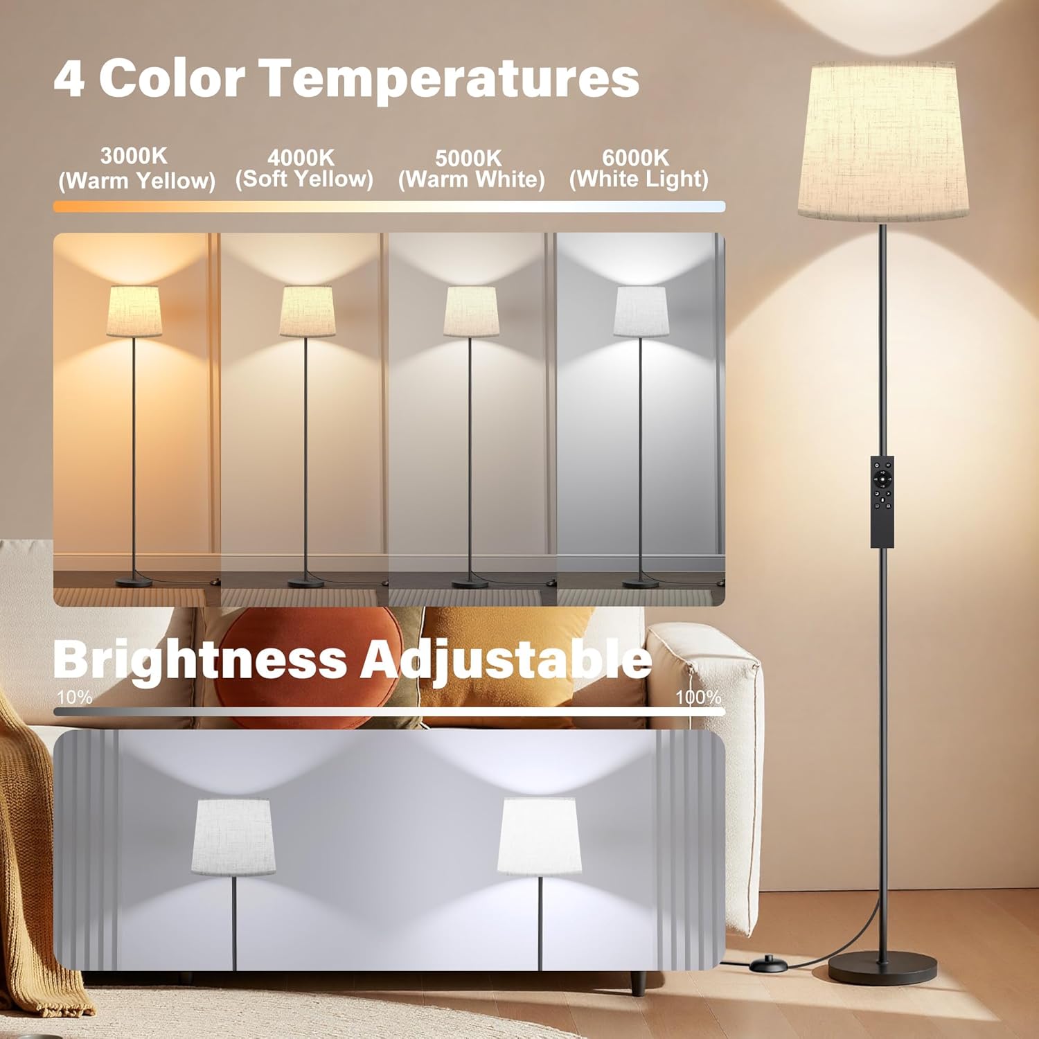 SIBRILLE Floor Lamp with Linen Shade - 62" Dimmable LED Standing Lamp with Remote Control, 9W E26 Bulb Included, 3000-6000K, Modern Floor Reading Light for Bedroom Living Room Office Corner, Black