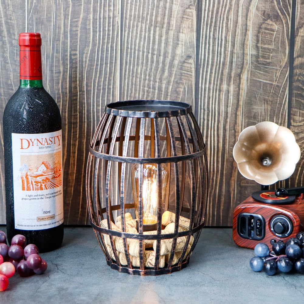 JHY DESIGN Decorative Table Lamp Battery Powered 8“H Cordless Metal Wine Cork Holder Lamp with 6-Hour Timer for Tabletop Home Patio Dining Room Living Room(Black Brushed Gold)