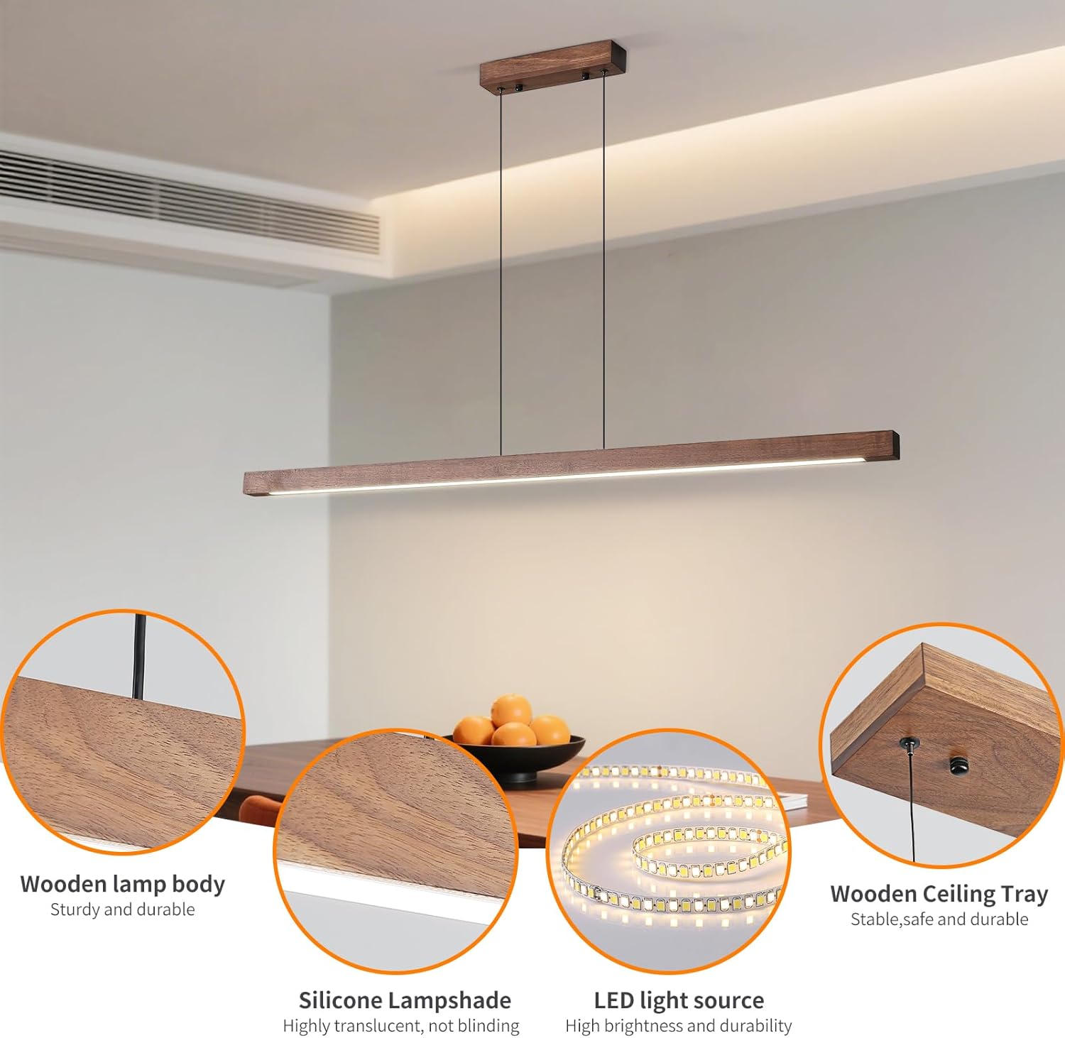 Modern Wooden Pendant Light, 47IN Walnut Wooden Chandelier with Remote Control 3000k-6500K Adjustable Color Temperature，Aluminum Island Lighting Lamp for Dining Room, Living Room