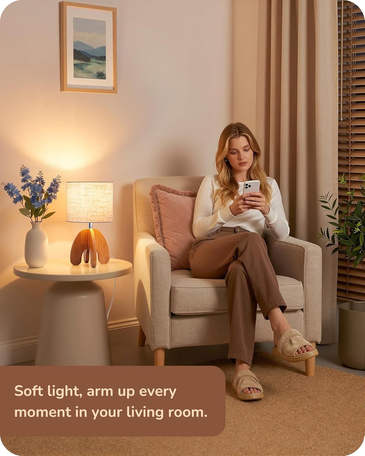 EDISHINE Wood Table Lamp, Small Nightstand Lamp with Beige Linen Lampshade, Integrated Four-Legged Wooden Base, End Bedside Lamp for Nursery, Bedroom, End Table, ON/Off Switch, E26, 14.17"