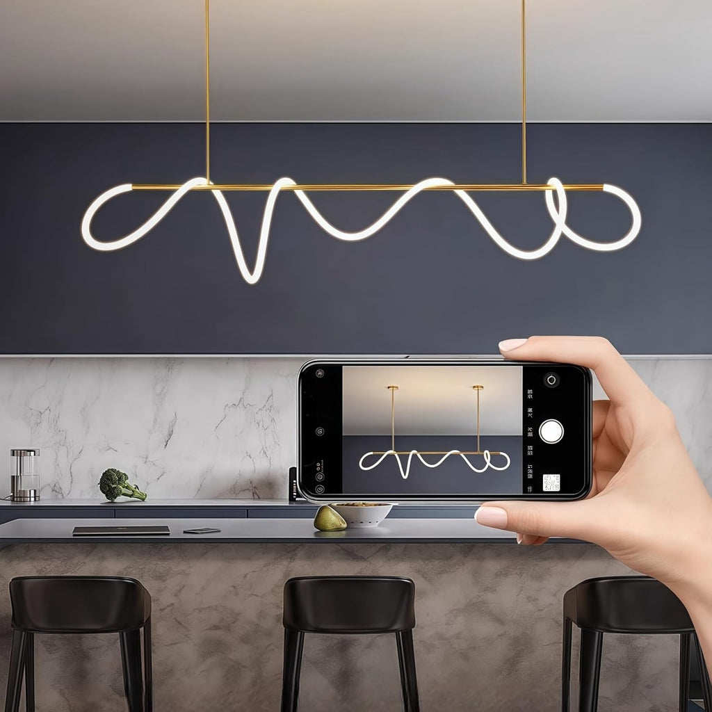 Modern Dimmable Desk Linear Pendant Light, with Remote 3 Color Mode & Brightness Ring Chandelier, 47 in Dining Room Ceiling Lamp Fixture, Gold Restaurant Kitchen Long Hose Lamp