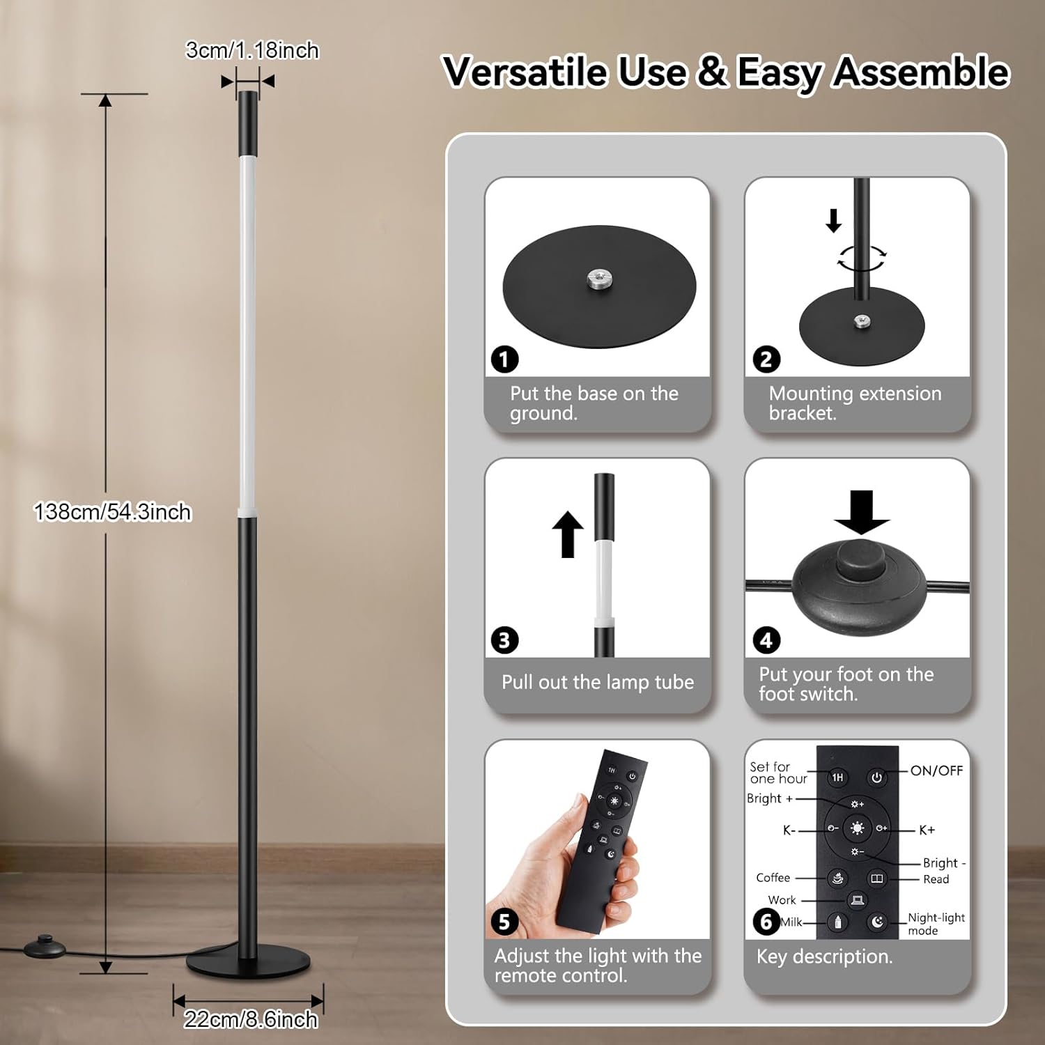 LED Dimmable Floor Lamp with Remote & Foot Switch, 2700–6000K Adjustable Color Temperature & Stepless Dimming, Slim Linear Tube Tall Standing Lamp, Modern Black Corner Lamp for Living Room Bedroom