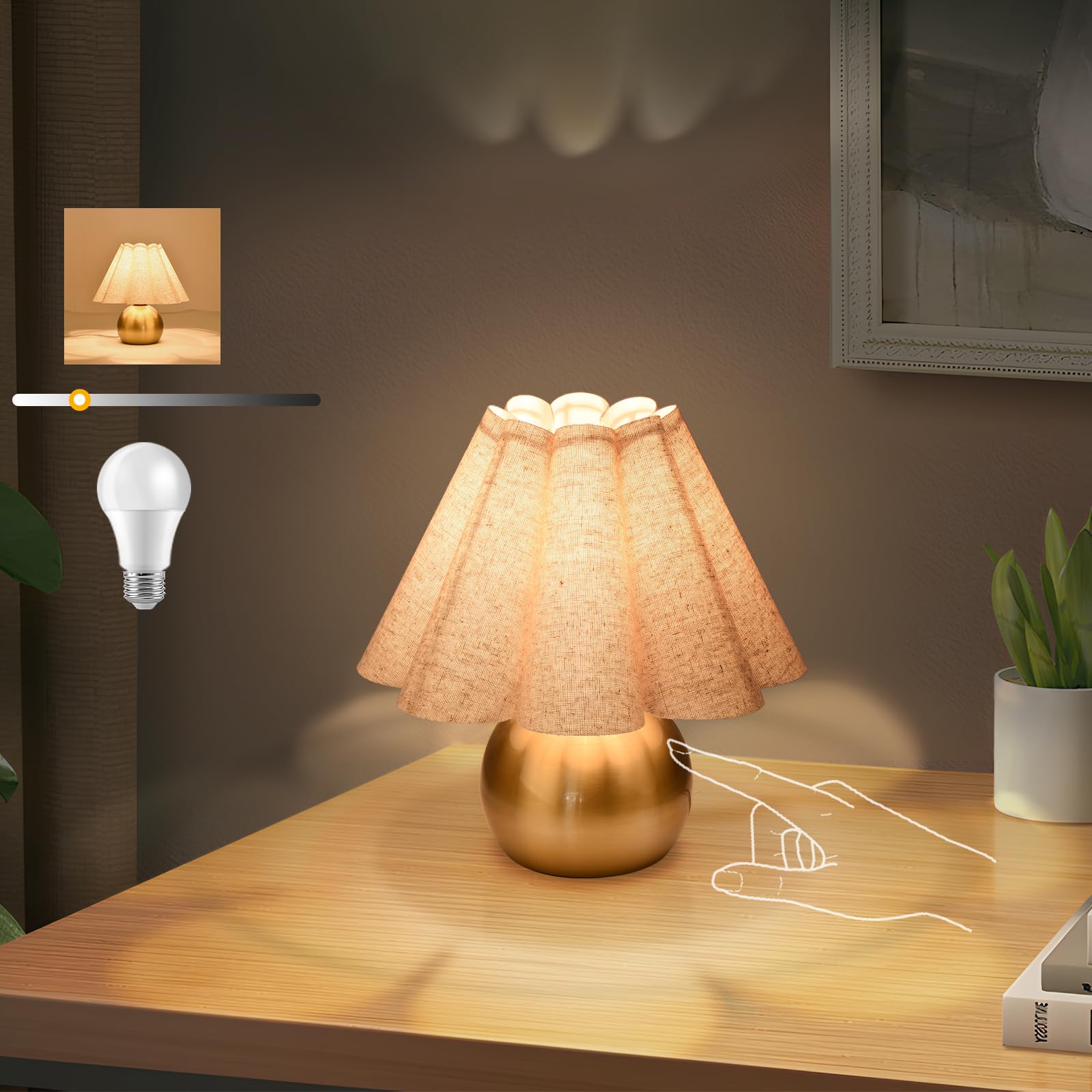 Brass Gold Small Bedside Lamp, Scalloped Shade Table Lamp for Bedroom Living Room