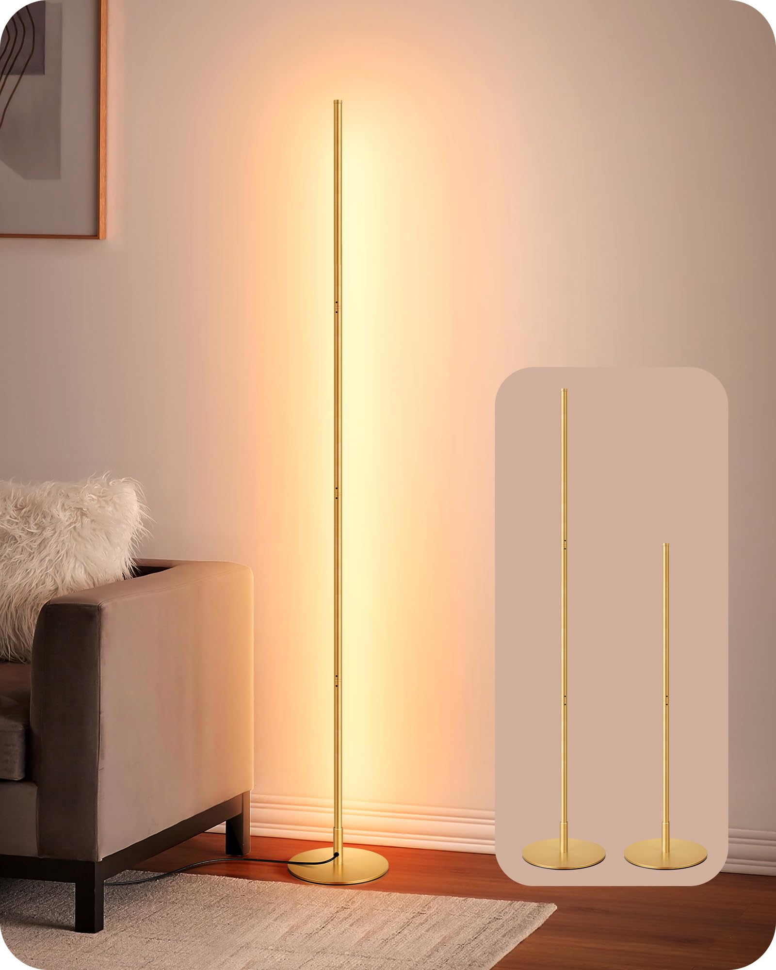 EDISHINE LED Corner Floor Lamp, 57.5" Minimalist Dimmable Sleek Light, Adjustable Height, Standing Tall Floor Lamps for Living Room, Bedroom, Office, 3000K Warm White Light, Black