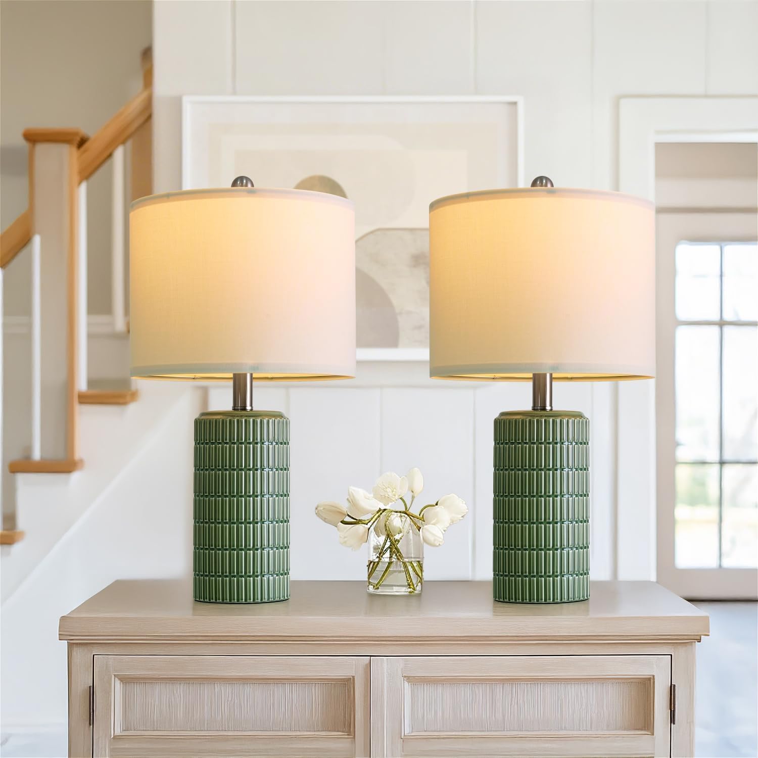 PoKat 20.75" Small Modern Ceramic Table Lamps Set of 2 for Bedroom, White Bedside Lamps for Night Stands, Farmhouse Desk Home Decor Gift Nightstand Table Lamps for Living Room End Table Beige