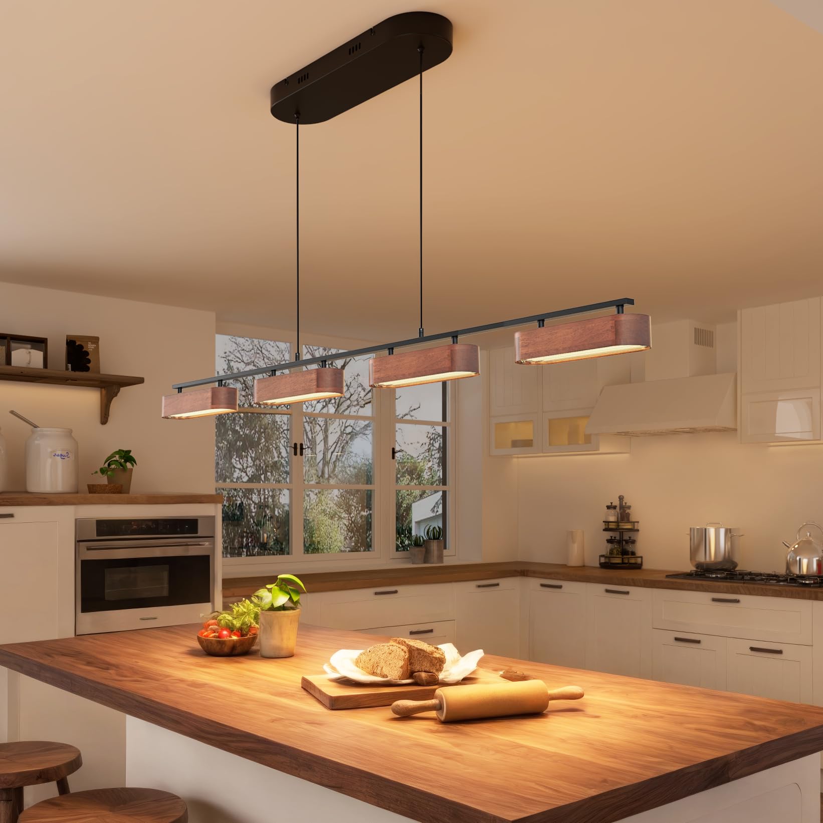 50.2" Kitchen Island Lights, 38W Wood Dining Room Light Fixtures Over Table, Dimmable Linear Pendant Lights for Kitchen Island, 4-Light Rustic Hanging Farmhouse Chandeliers, Walnut Color