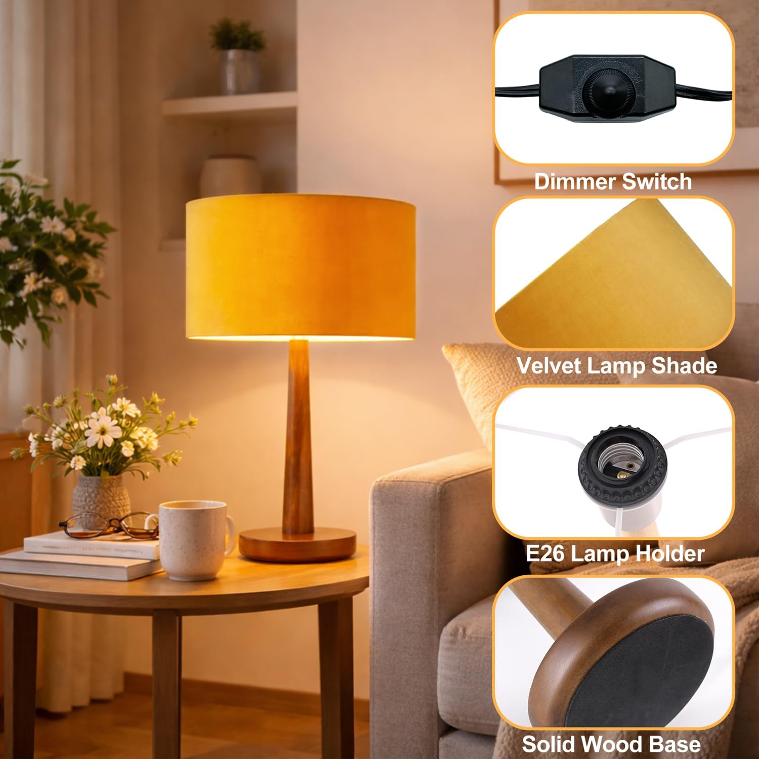 18.5" Table Lamp for Living Room, Modern Dimmable Walnut Wood Desk Lamps for Bedroom, UL Listed Nightstand Lamp, End Table Lamps for Console, Entryway, Office, Dorm, Home Decor, Orange Velvet Shade
