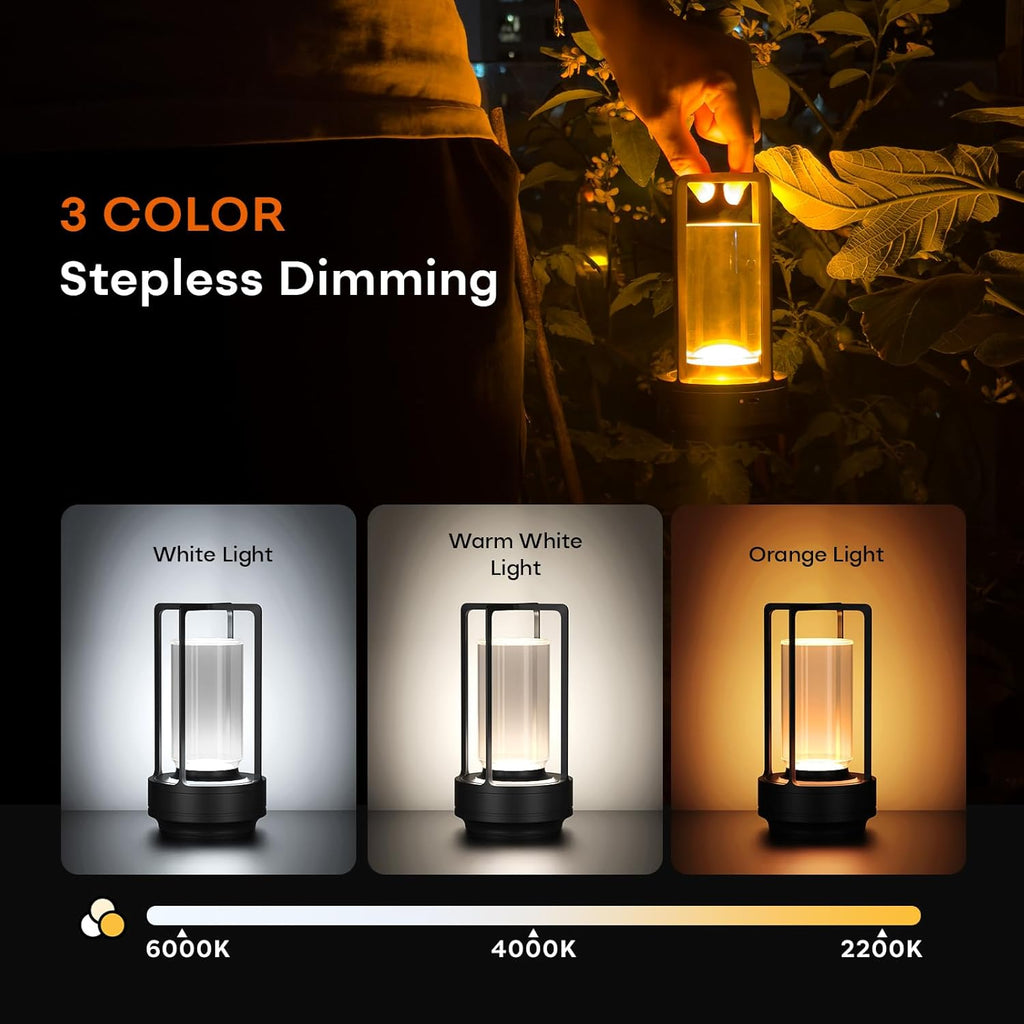 HAPYGI Portable Metal Table Lamp for Indoor/Outdoor,Rechargeable Cordless LED Lamp, 3-Colour Infinitely Dimming Battery Powered Small Desk Lamp, Restaurant/Bedroom/Bar/Coffee/Camping Light (Black)