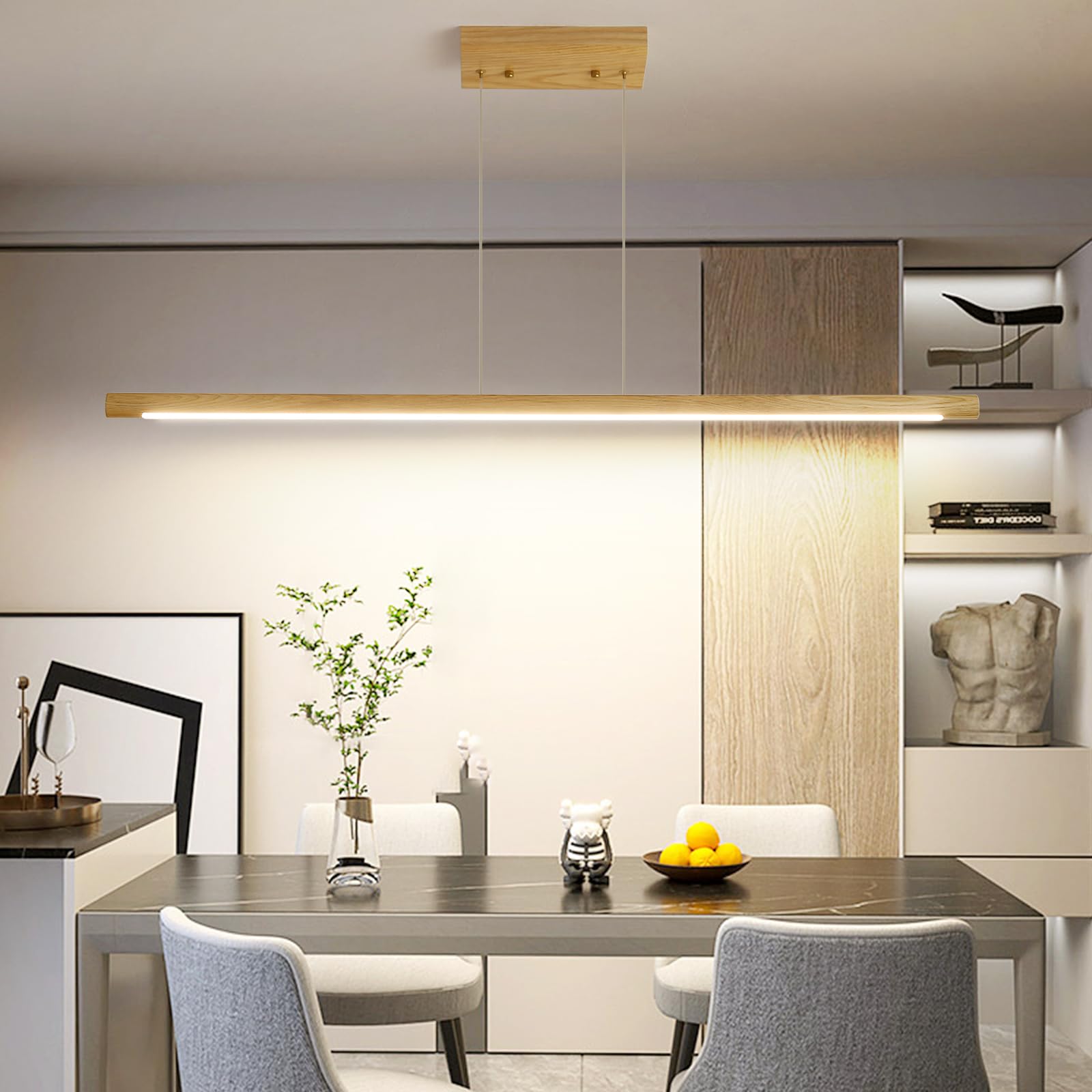 Modern Wooden Pendant Light, 47IN Walnut Wooden Chandelier with Remote Control 3000k-6500K Adjustable Color Temperature，Aluminum Island Lighting Lamp for Dining Room, Living Room