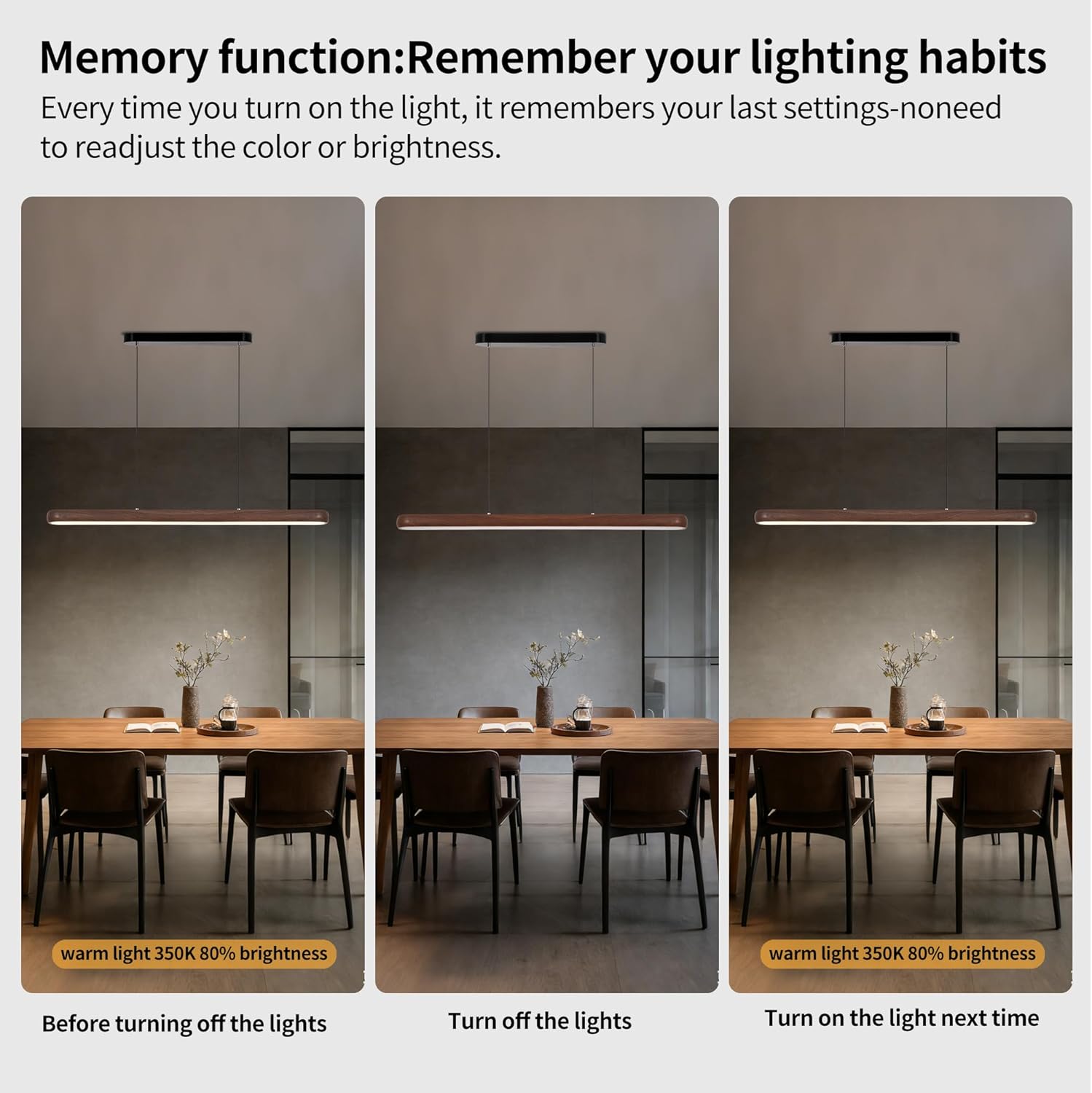 47" Wood Grain Pendant Lights Kitchen Island Lights LED Linear Hanging Light Modern Chandelier for Dining Room Table Dimmable with Remote Control & Memory Function Lighting Fixture