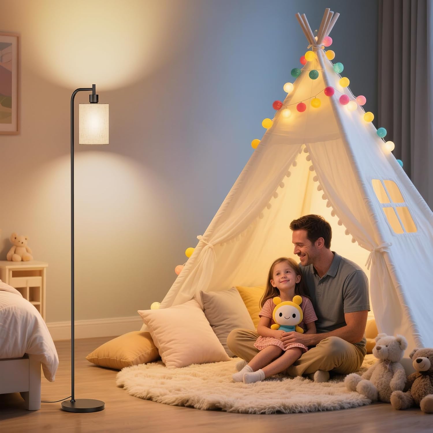 SIBRILLE Floor Lamp with Linen Shade, Dimmable Tall Standing Lamp with Remote Control & 3 Color Temperatures, Modern Floor Lamps for Living Room Bedroom Office Corner, 9W LED Bulb Included