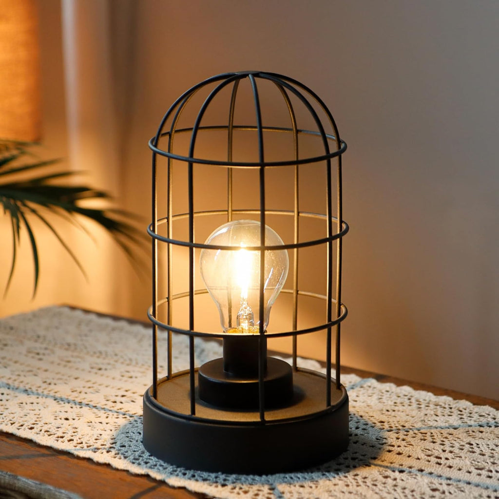 JHY DESIGN 10” Vintage Metal Cage Table Lamp, Battery Operated Cordless LED Decorative Lantern, Rustic Brown Sand Finish Lamp for Bedroom Living Room Kitchen Patio Wedding Home Decor (Black)