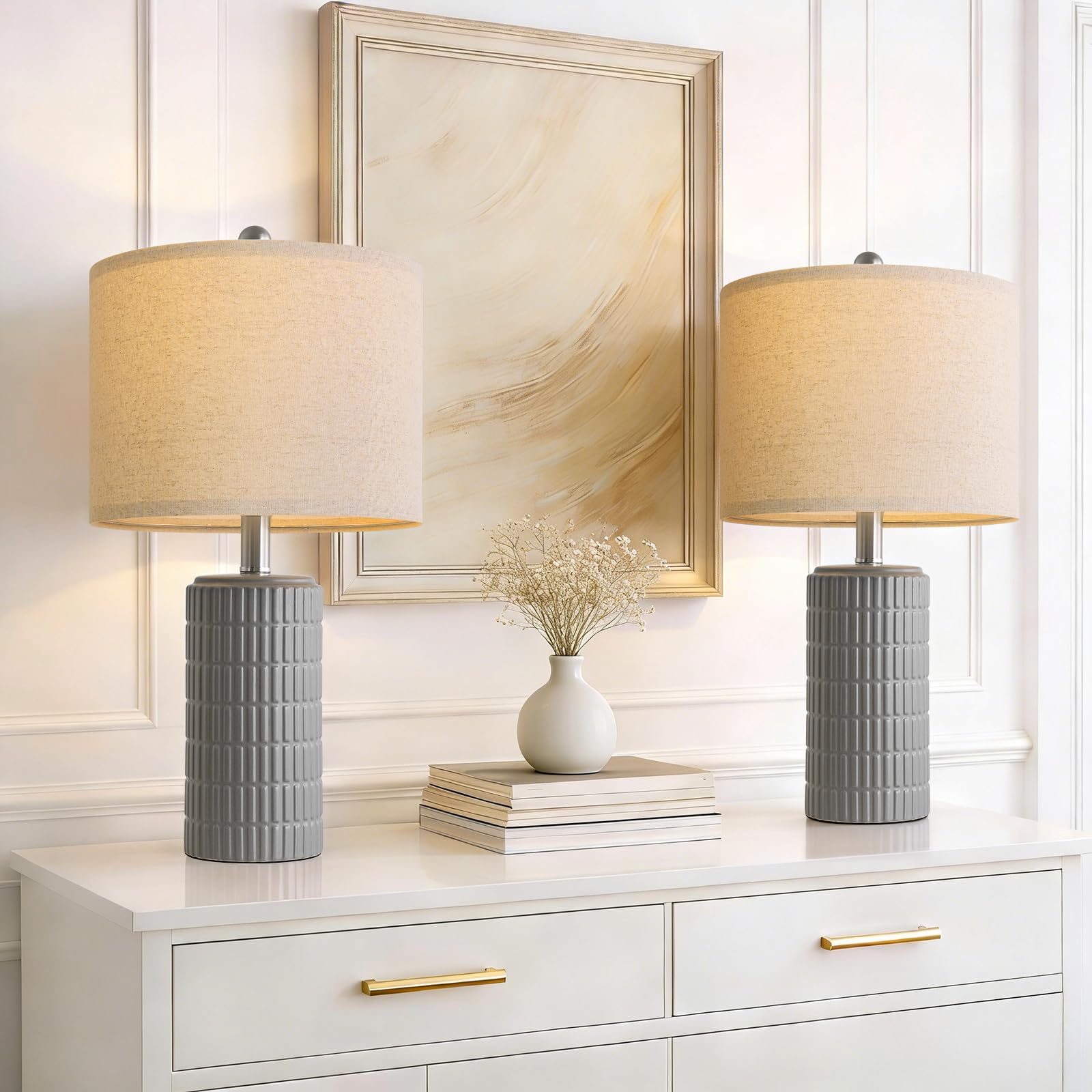 PoKat 20.75" Small Modern Ceramic Table Lamps Set of 2 for Bedroom, White Bedside Lamps for Night Stands, Farmhouse Desk Home Decor Gift Nightstand Table Lamps for Living Room End Table Beige
