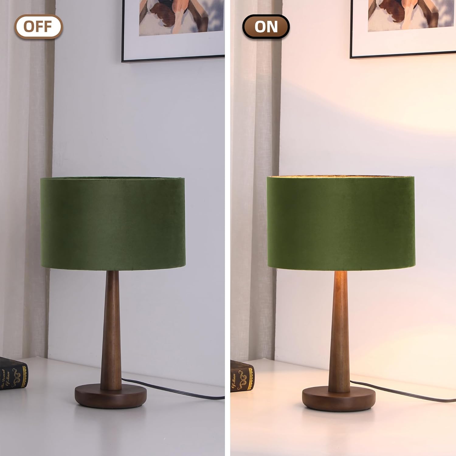18.5" Table Lamp for Living Room, Dimmable Modern Walnut Wood Desk Lamps for Bedroom, UL Listed Nightstand Lamp, End Table Lamps for Console Entryway, Office, Dorm, Home Decor, Green Velvet Shade