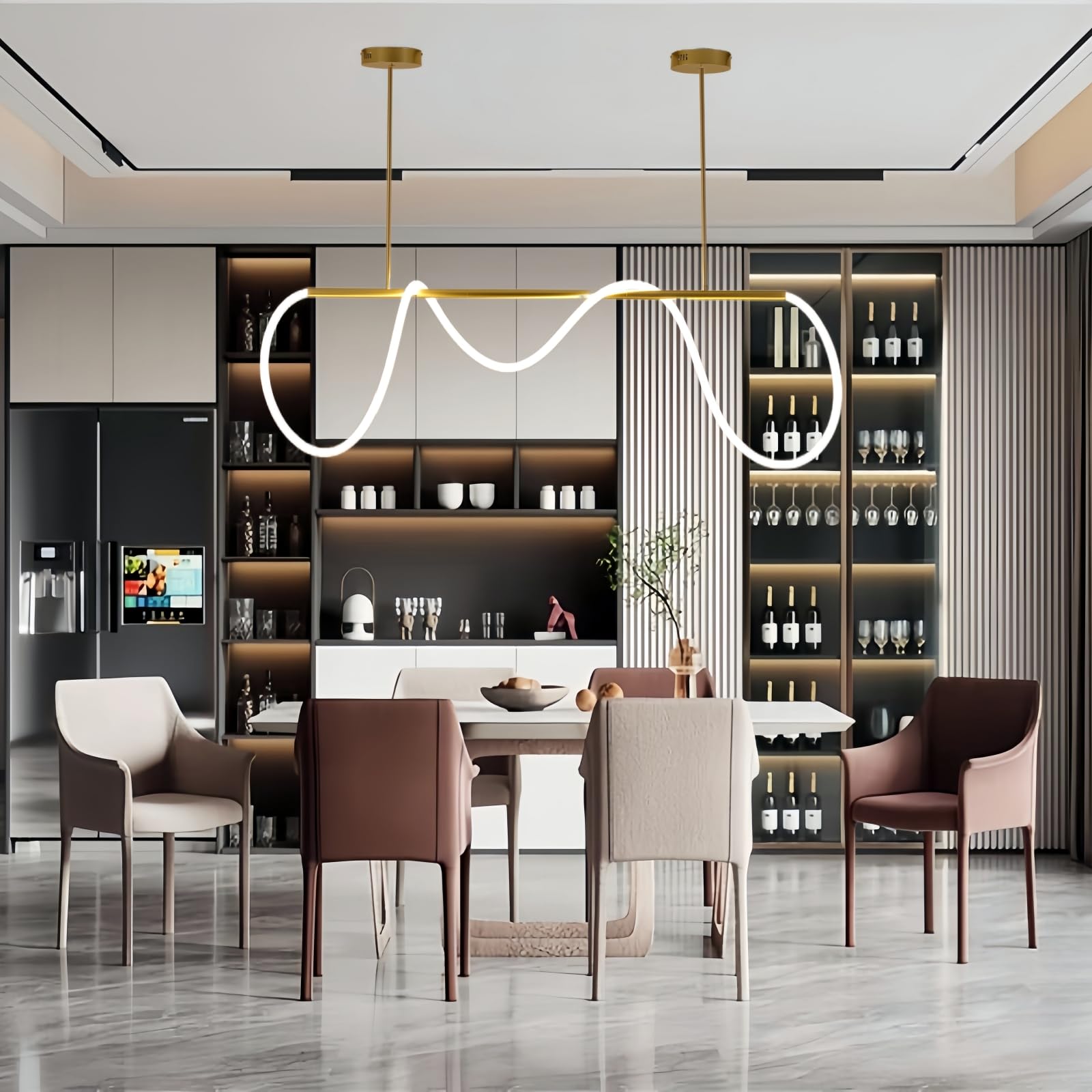 Modern Dimmable Desk Linear Pendant Light, with Remote 3 Color Mode & Brightness Ring Chandelier, 47 in Dining Room Ceiling Lamp Fixture, Gold Restaurant Kitchen Long Hose Lamp