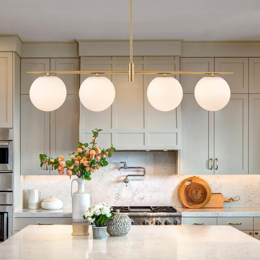 Brushed Gold 4-Light Linear Chandelier, Milk Glass Globe Dining Room Light
