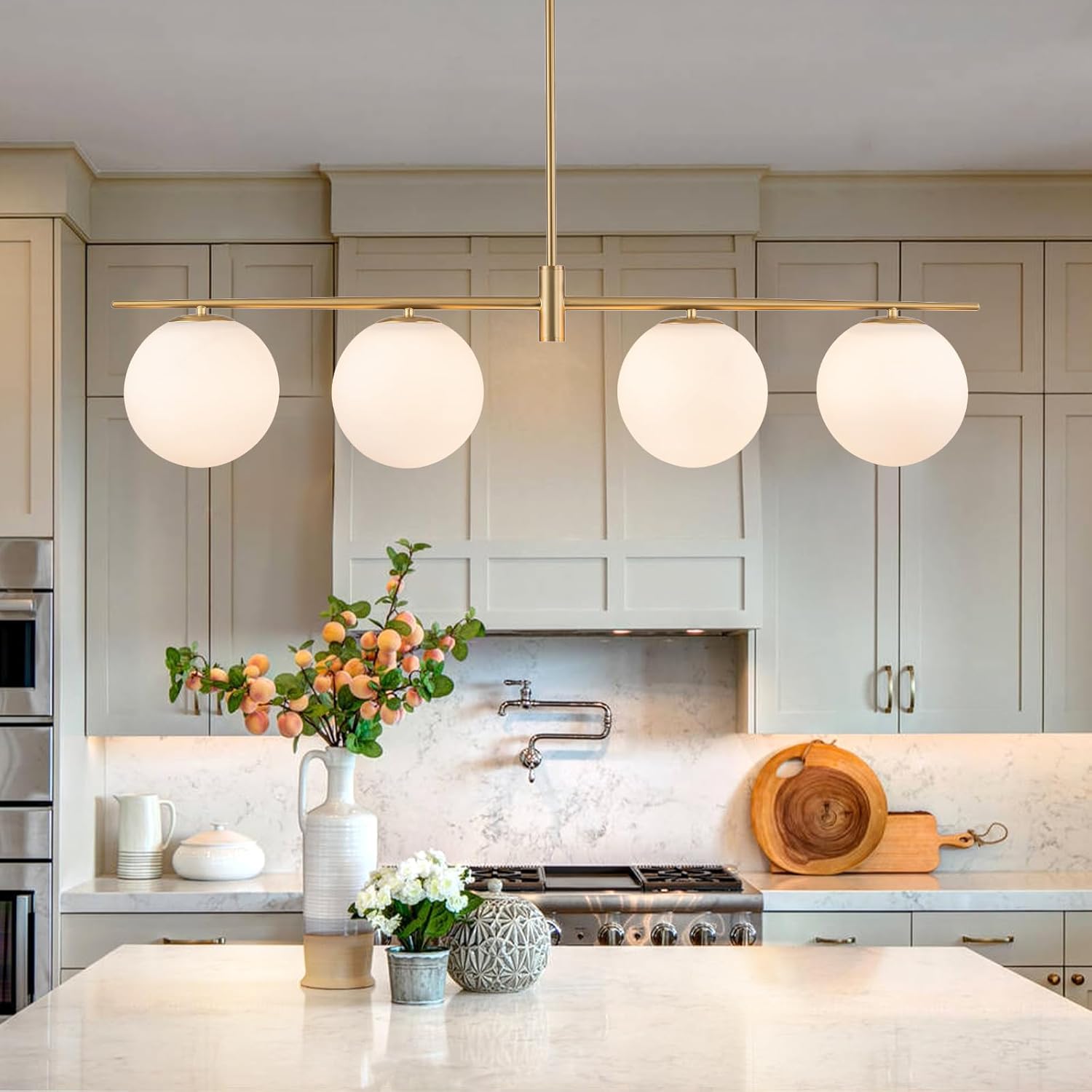Brushed Gold 4-Light Linear Chandelier, Milk Glass Globe Dining Room Light