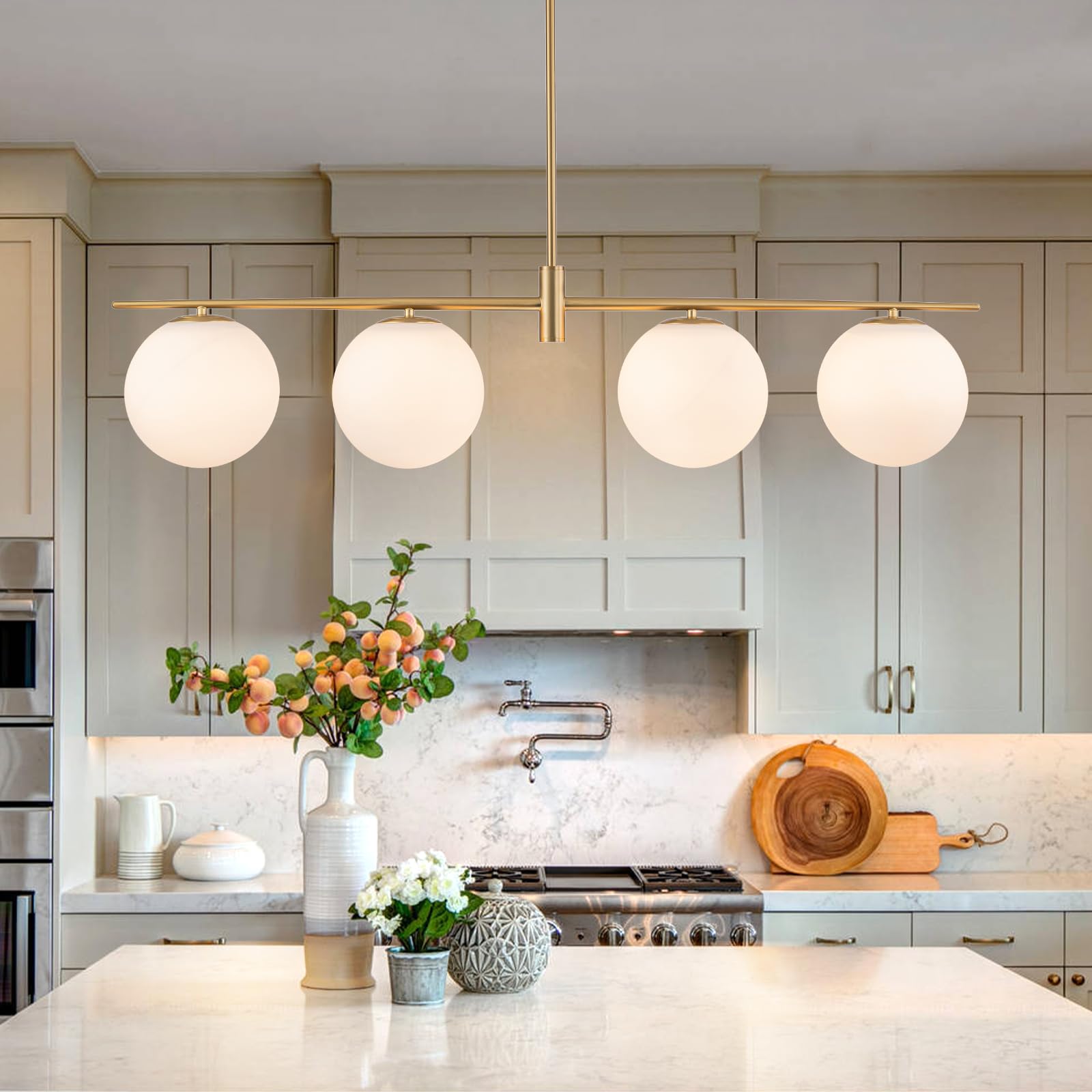 Brushed Gold 4-Light Linear Chandelier, Milk Glass Globe Dining Room Light