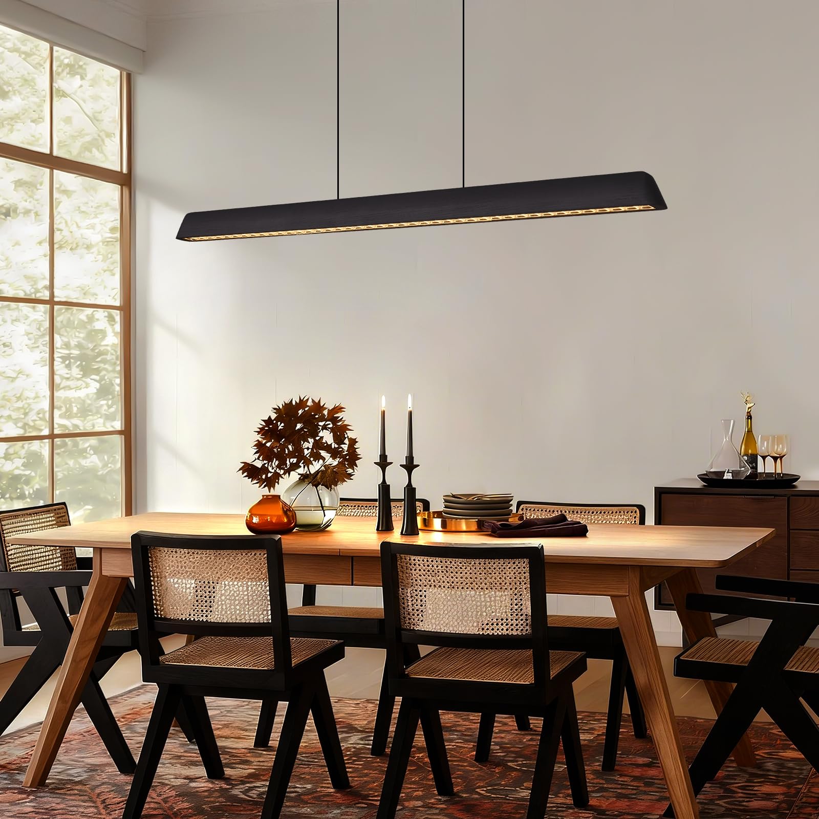 57" Wood Linear Pendant Light, Dimmable Kitchen Island Lighting with Remote, 30W LED Island Lights for Kitchen, Adjustable Linear Chandelier for Dinning Room Light Fixture, Bar, Pool Table Light