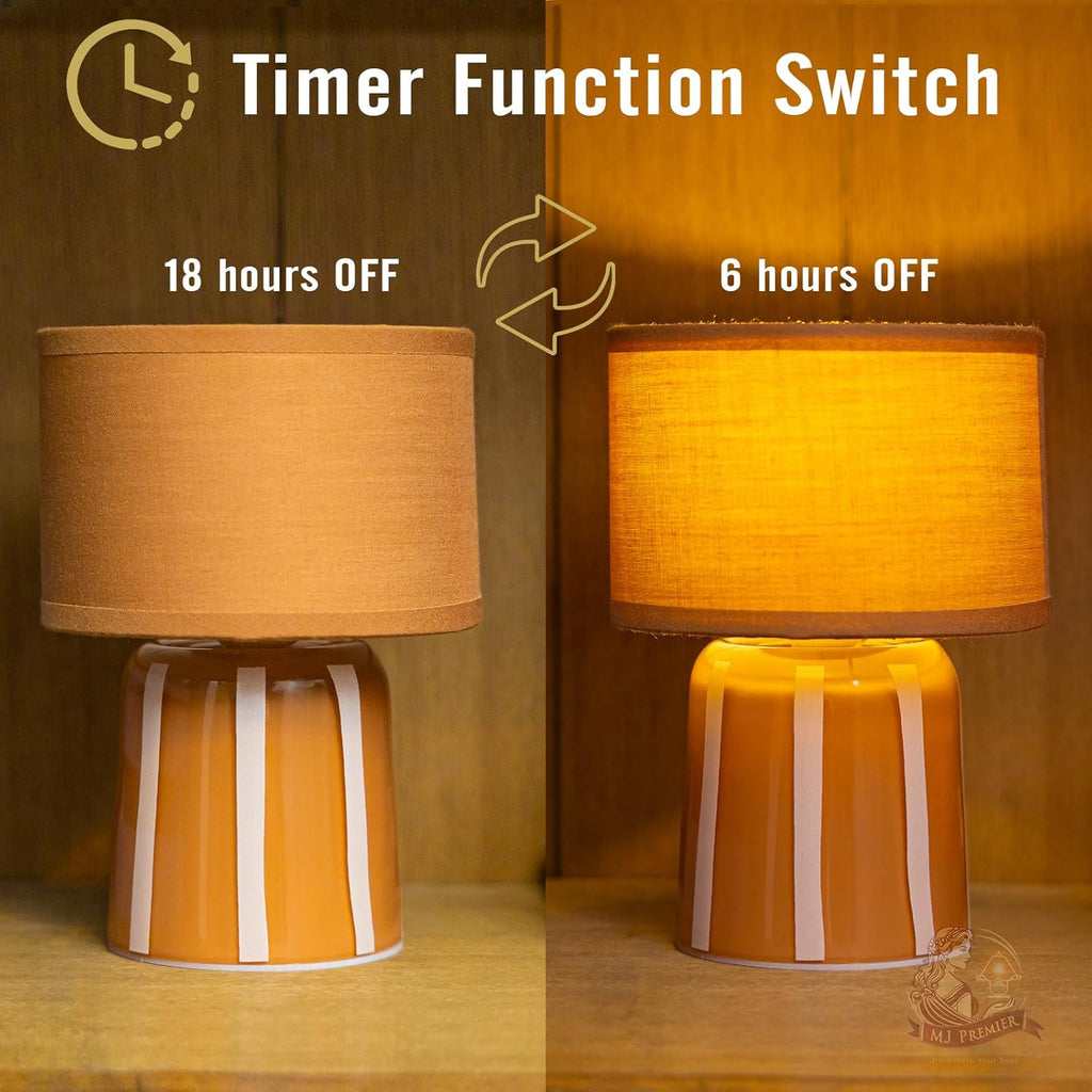 MJ PREMIER Battery Operated Lamp with Timer, Small Cordless Lamp with Glass Base, Fabric Shade Portable Table Lamp for Bedroom Living Room Bedside Home Decor (Brown)