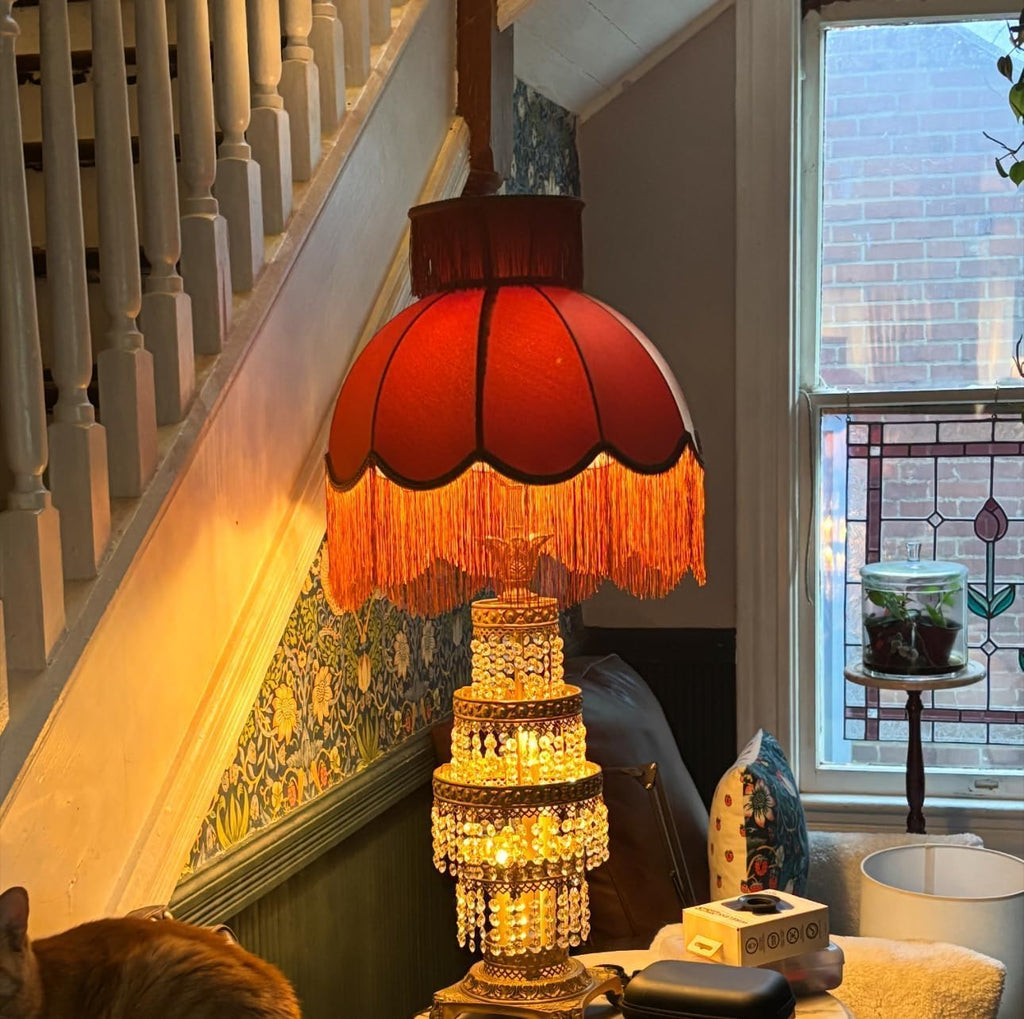 Caramel-colored velvet fringe lampshade 7.8" Top x 17.7" Bottom x 13.4" High x 15 Slant"- Large Dome with Scalloped Edge & Fringe Tassels, for Table/Floor Lamps (1, Caramel, Large)