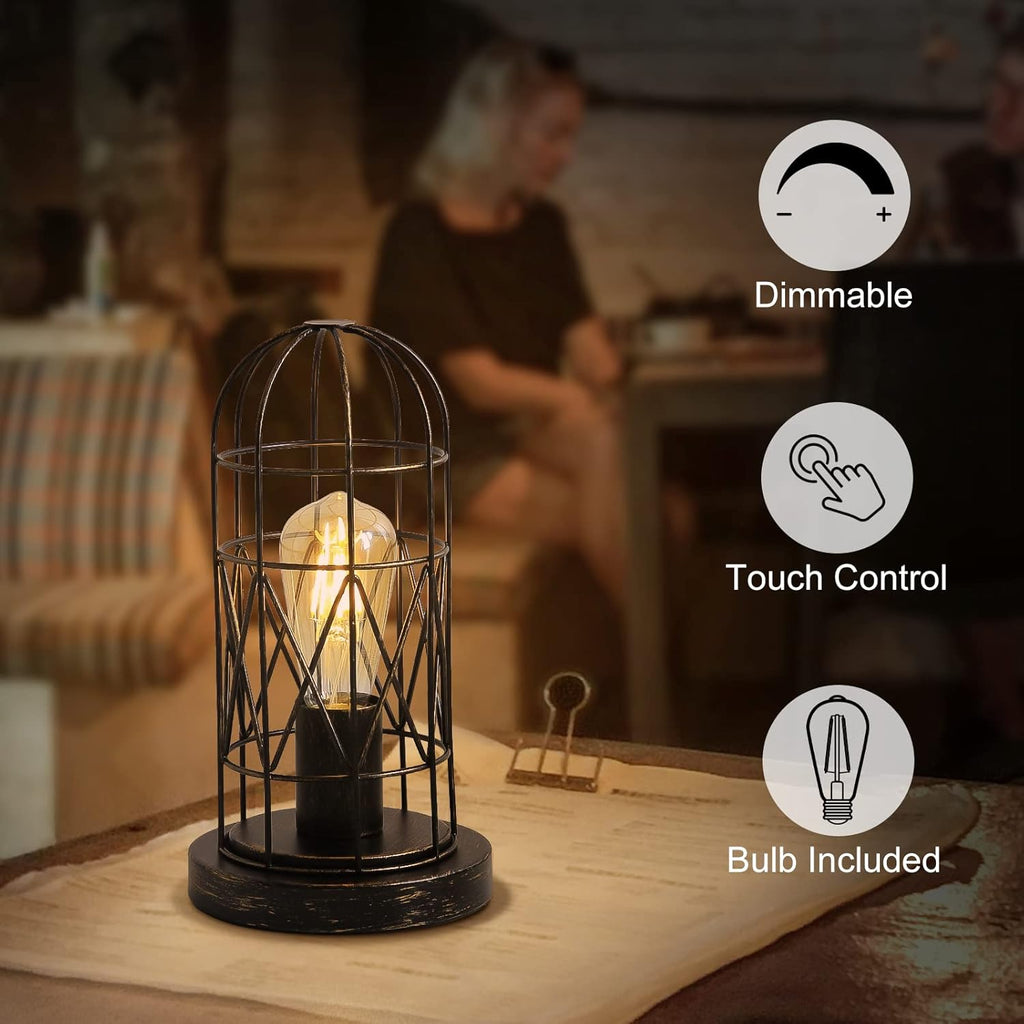 Industrial Table Lamp, Small Touch Lamp with Rustic Cage Vintage Bedside Lamp 3 Way Dimmable Nightstand Lamp Edison Desk Lamp for Bedroom, Living Room, Hallway, Entryway, Kitchen, 4W LED Bulb Included