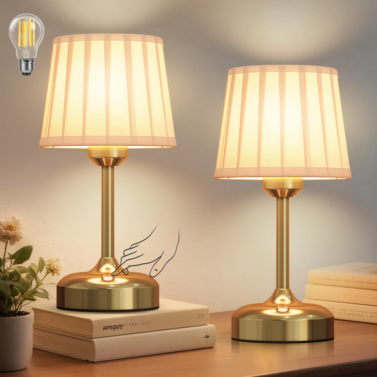 Mini Cordless Table Lamp, Battery Operated Lamp 5000mAh Rechargeable Table Lamp Small Touch Lamp Fabric Shade Dimmable Bedside Lamps for Bedroom, Living Room, Dining Room