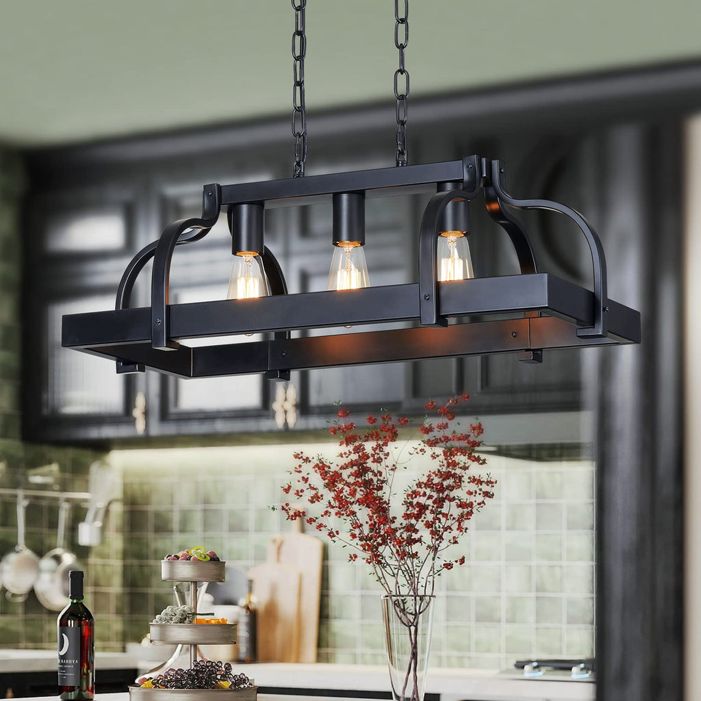 WUZUPS 5-Light Metal Chandelier Imitation Wood Grain Linear Pendant Ceiling Lighting Rustic Farmhouse Fixture Kitchen Island Dining Room, H 8.5" L 31.5" W10, E26 Base, Black & Retro Wood