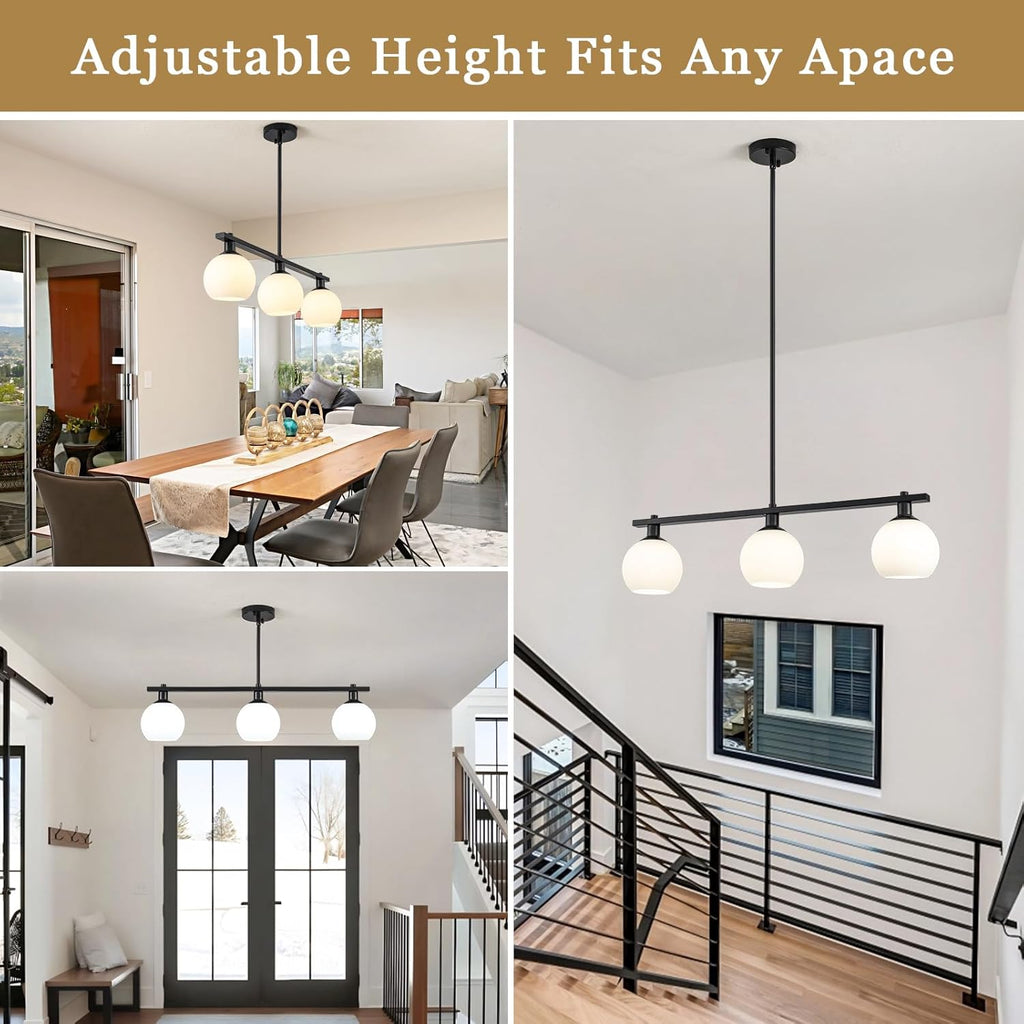 Kitchen Island Lighting 3 Lights Linear Pendant Light Fixtures With Milk Glass Shades Black Farmhouse Chandeliers for Dining Room Chandelier Over Table Mid Century Modern Hanging Light Fixture for Bar