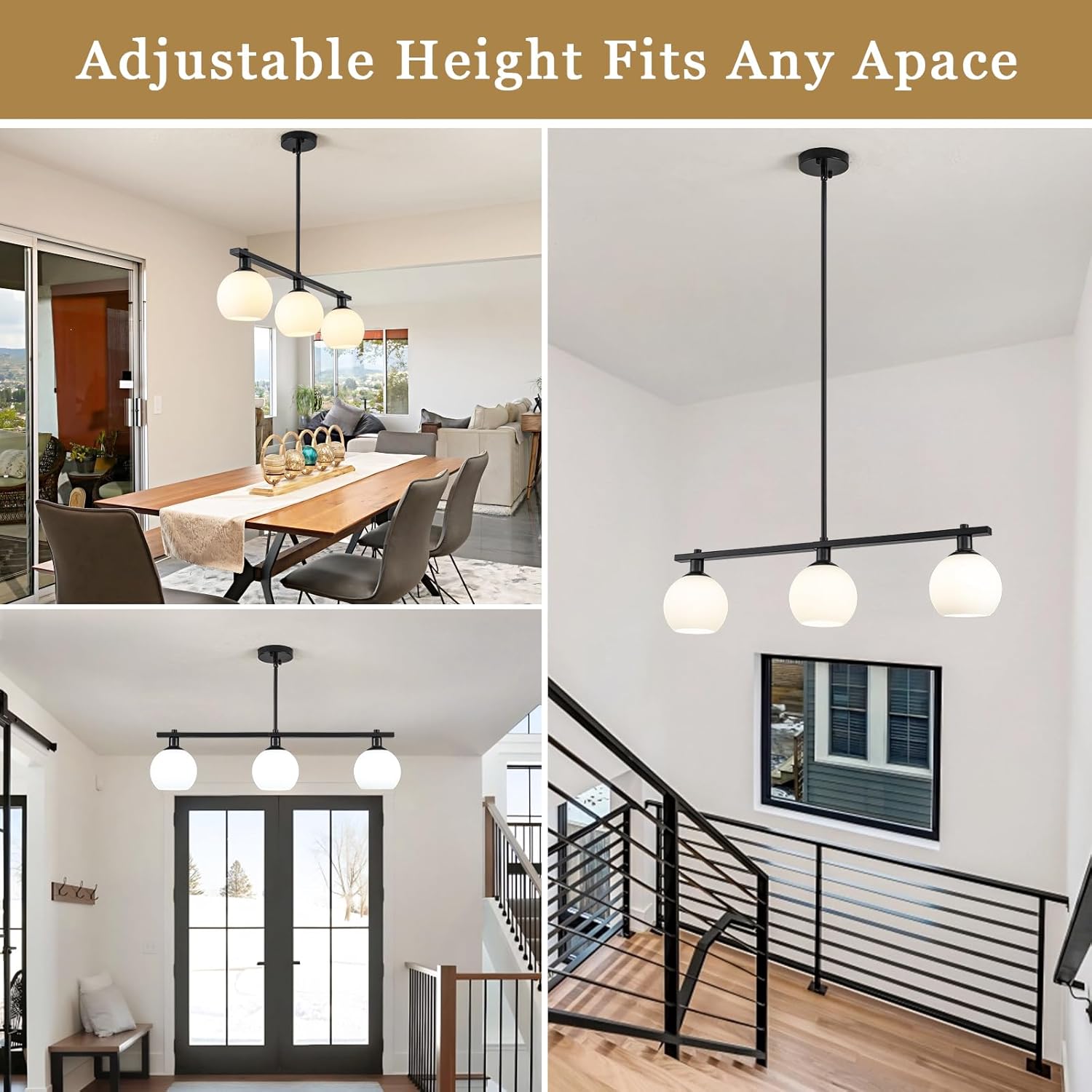 Kitchen Island Lighting 3 Lights Linear Pendant Light Fixtures With Milk Glass Shades Black Farmhouse Chandeliers for Dining Room Chandelier Over Table Mid Century Modern Hanging Light Fixture for Bar