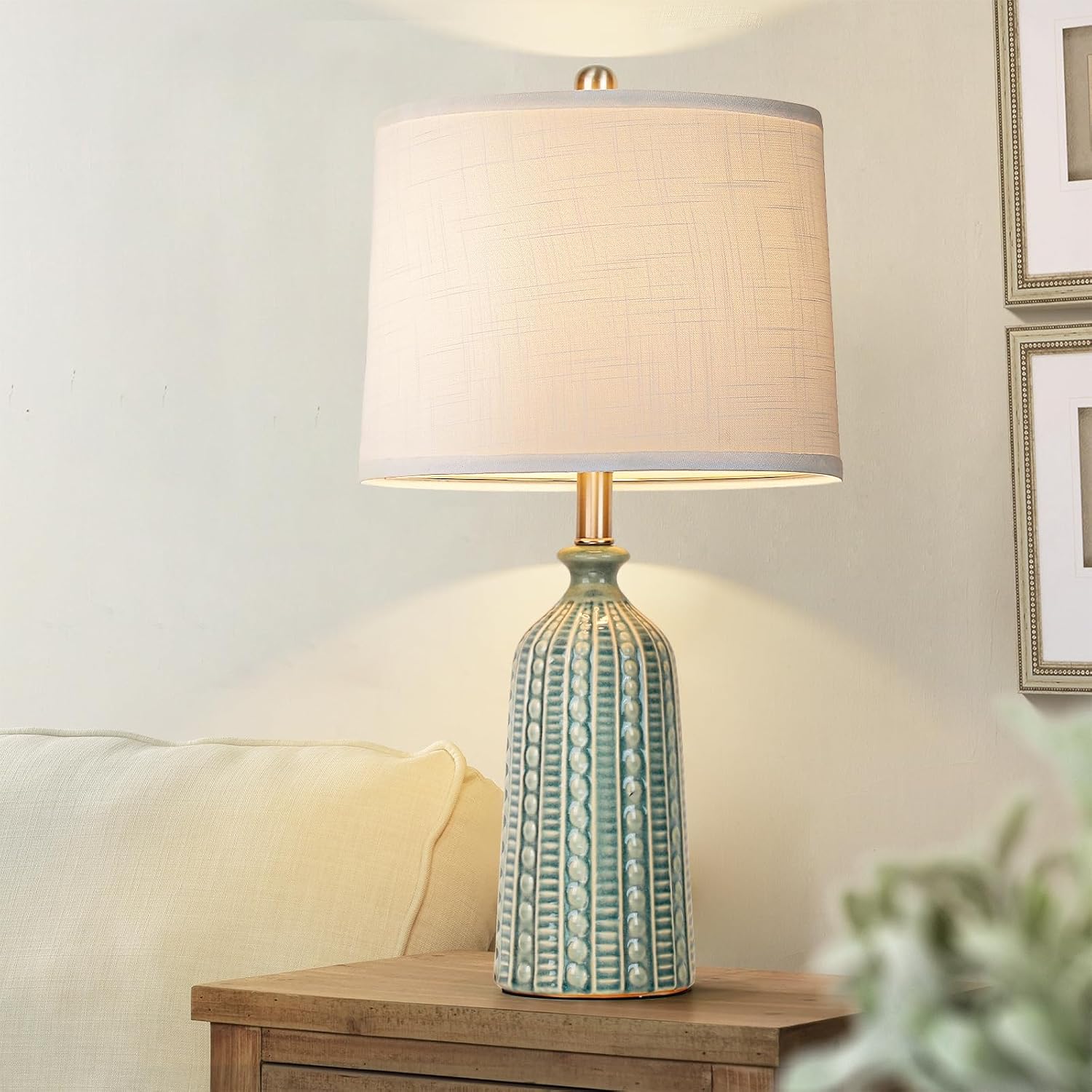 JUNNAI Green Ceramic Table Lamp 24.5": 3-Way Dimmable Nightstand Lamp with White Drum Lamp Shade | Modern Bedside Lamp for Bedrooms & Living Room (Bulb Included)